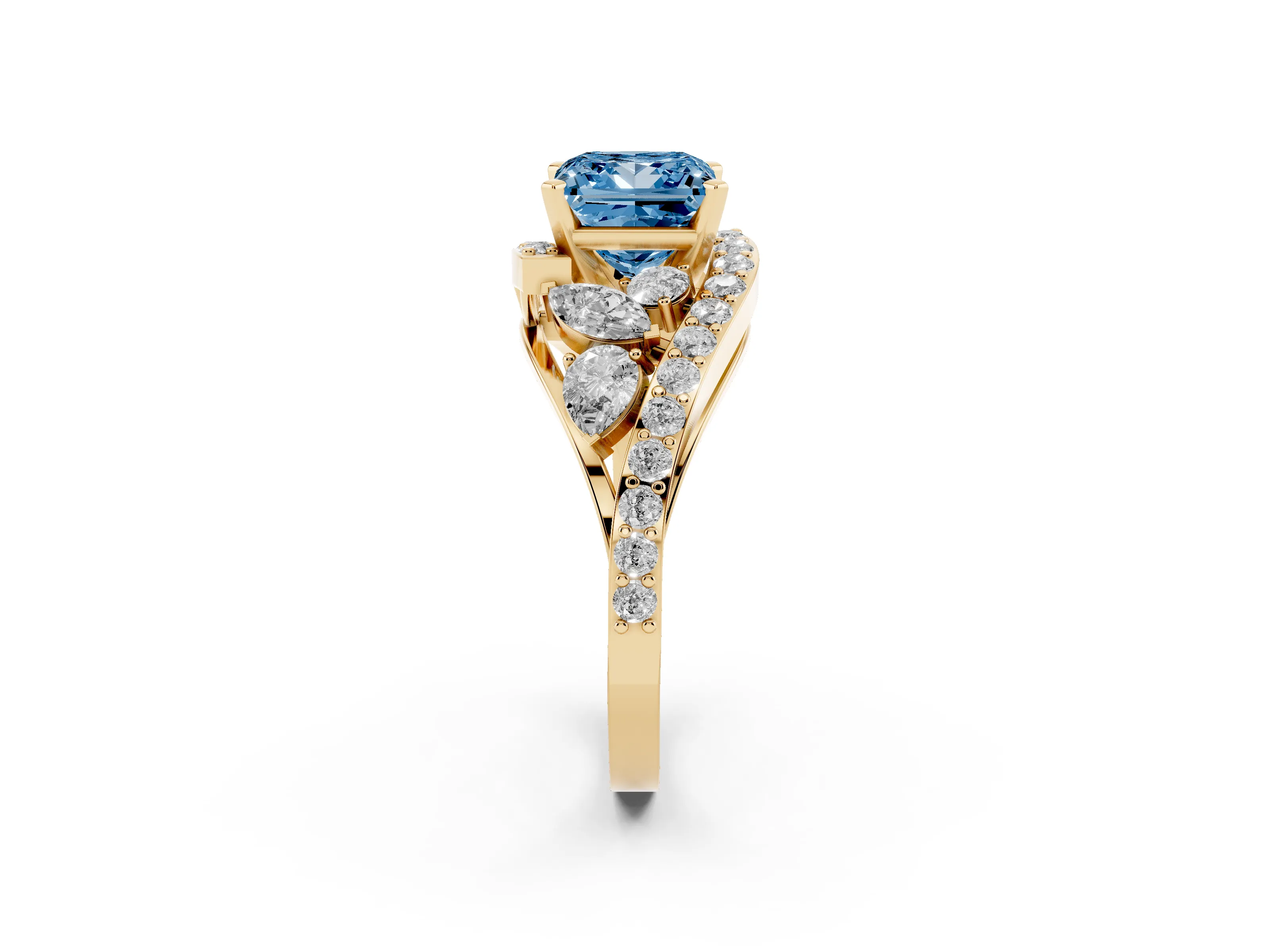 Fancy Blue Princess Cut Diamond Halo Ring Set in Yellow gold with Marquise and Pavé Band in Prong Setting