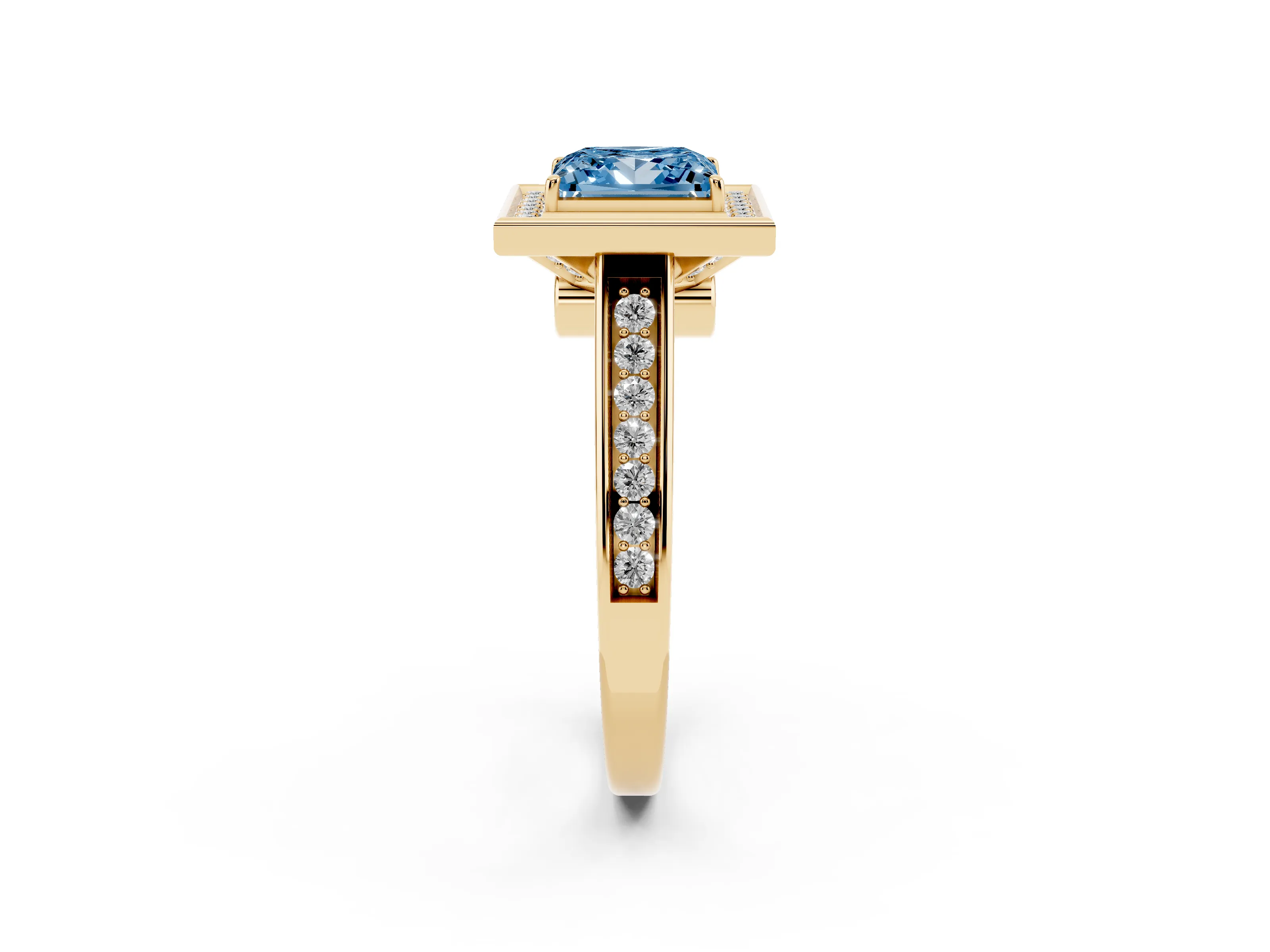 Fancy Blue Princess Cut Diamond Halo Solitaire Ring Set in Yellow gold with Pavé Band and Bezel Setting
