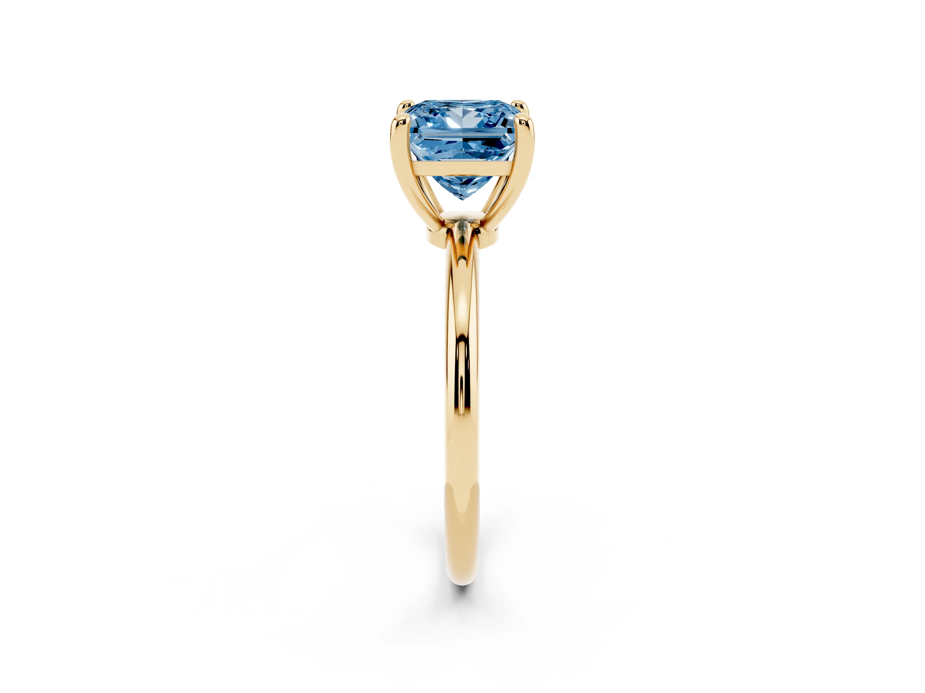 Fancy Blue Princess Cut Diamond Solitaire Ring Set in Yellow gold with Secure Prong Setting on a Classic Band