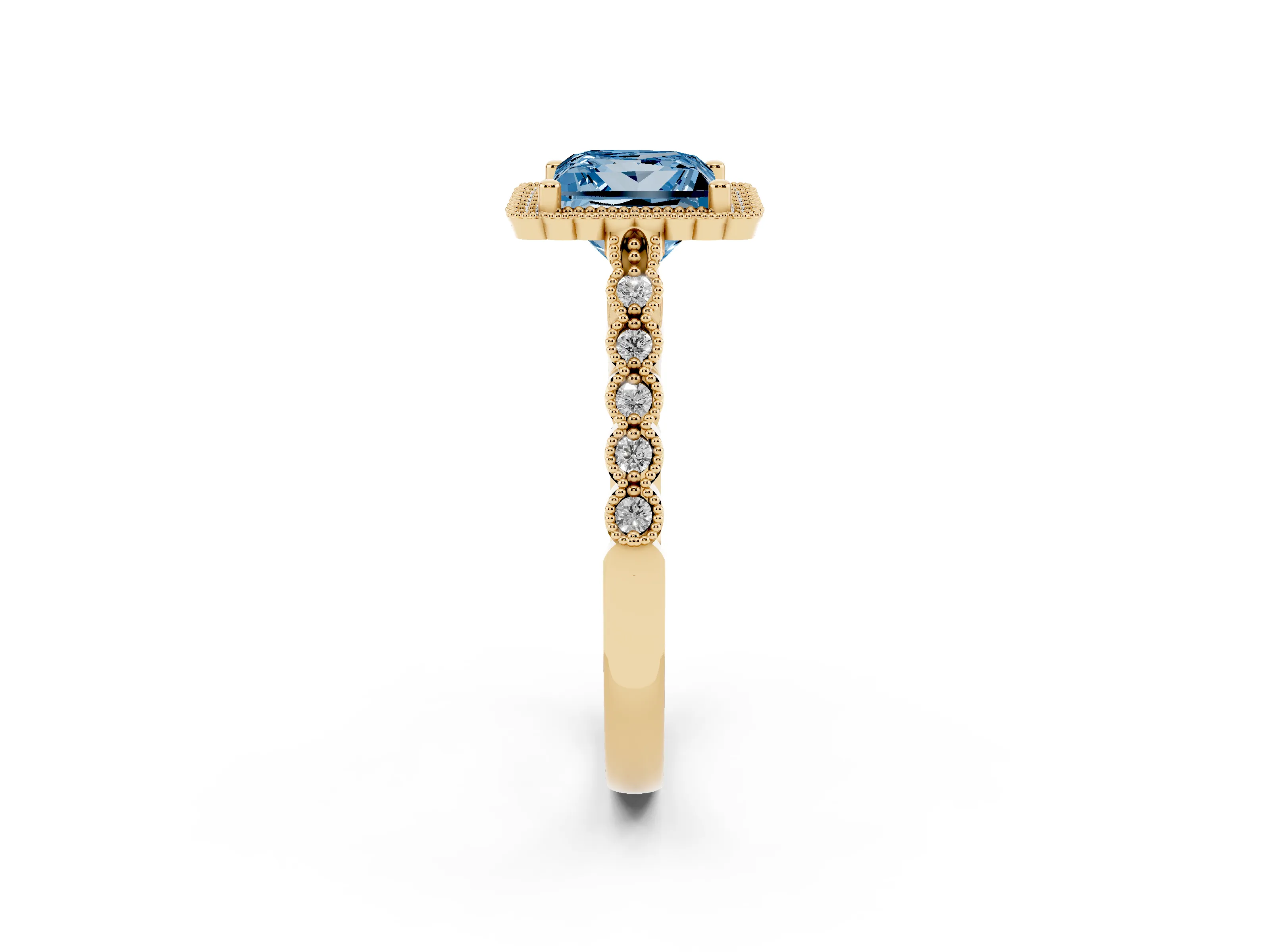 Fancy Blue Princess Cut Diamond Halo Ring Set in Yellow gold with Pavé Milgrain Band