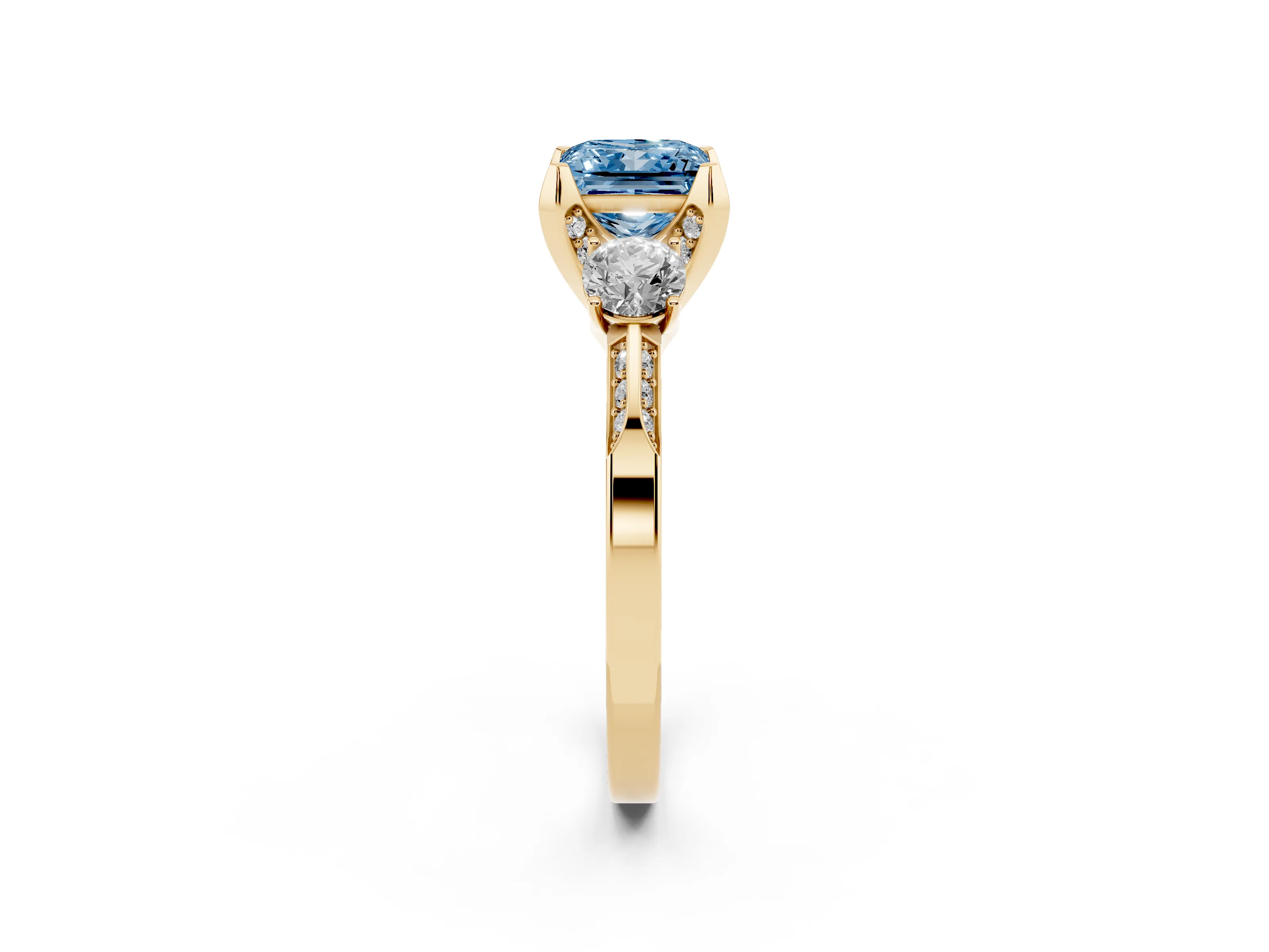 Fancy Blue Princess Cut Diamond Three-Stone Ring Set in Yellow gold with Pavé Band and Smaller Side Stones