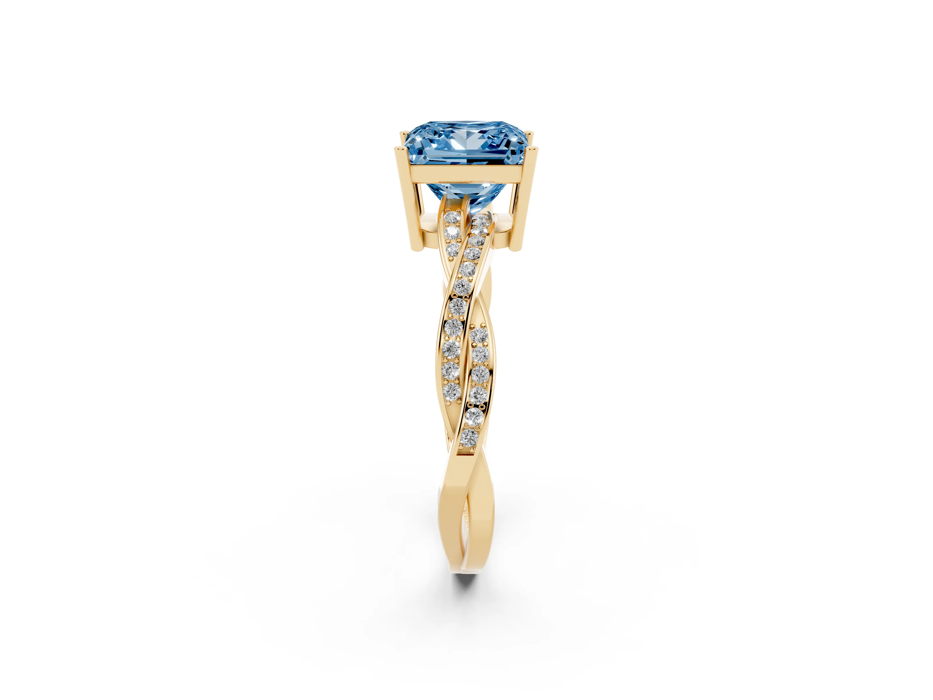 Fancy Blue Princess Cut Diamond Solitaire Twisted Pavé Ring Set in Yellow gold with Prong Setting