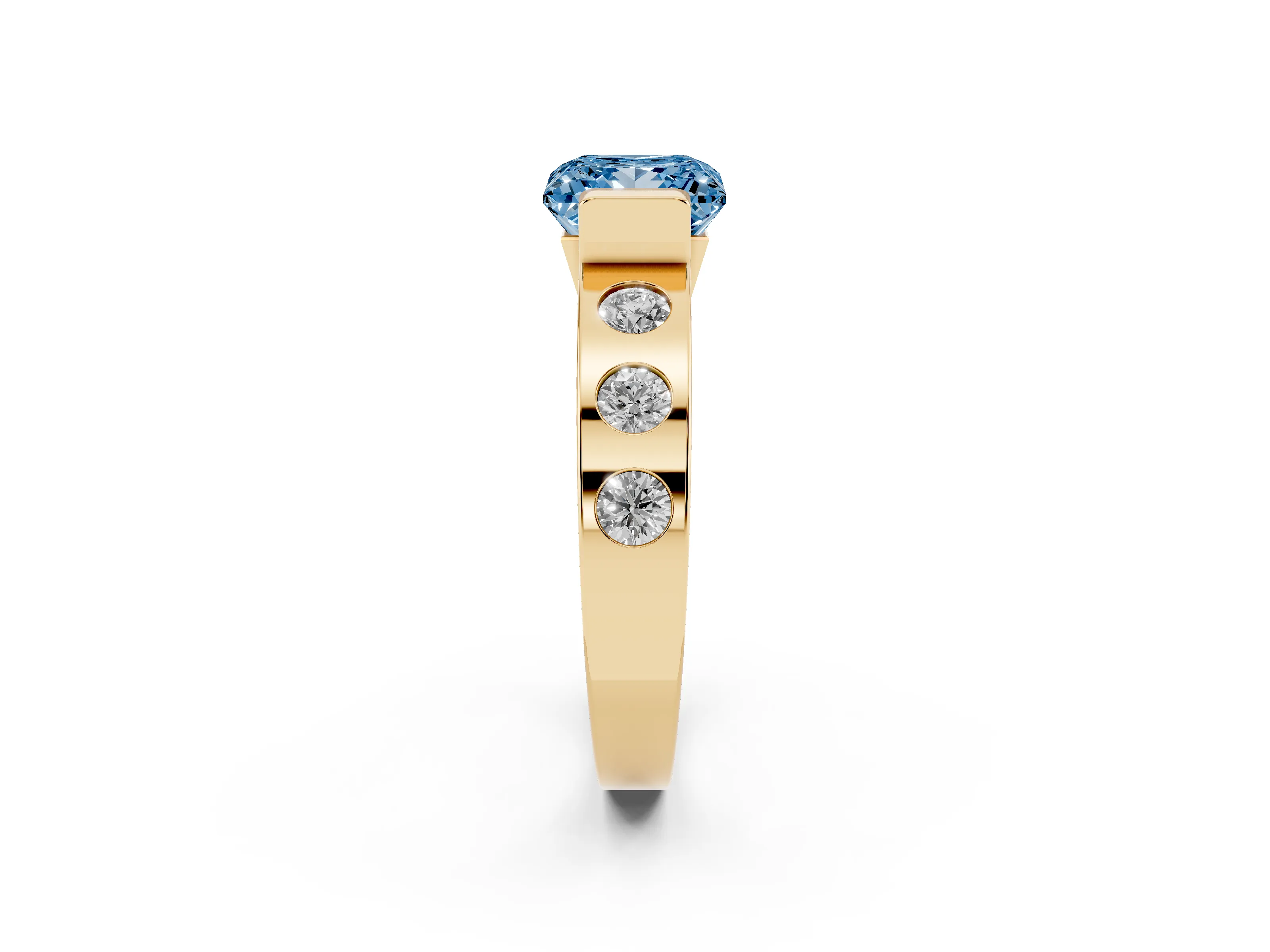 Fancy Blue Princess Cut Diamond Channel-Set Band Ring Set in Yellow gold with Bezel Prong Setting