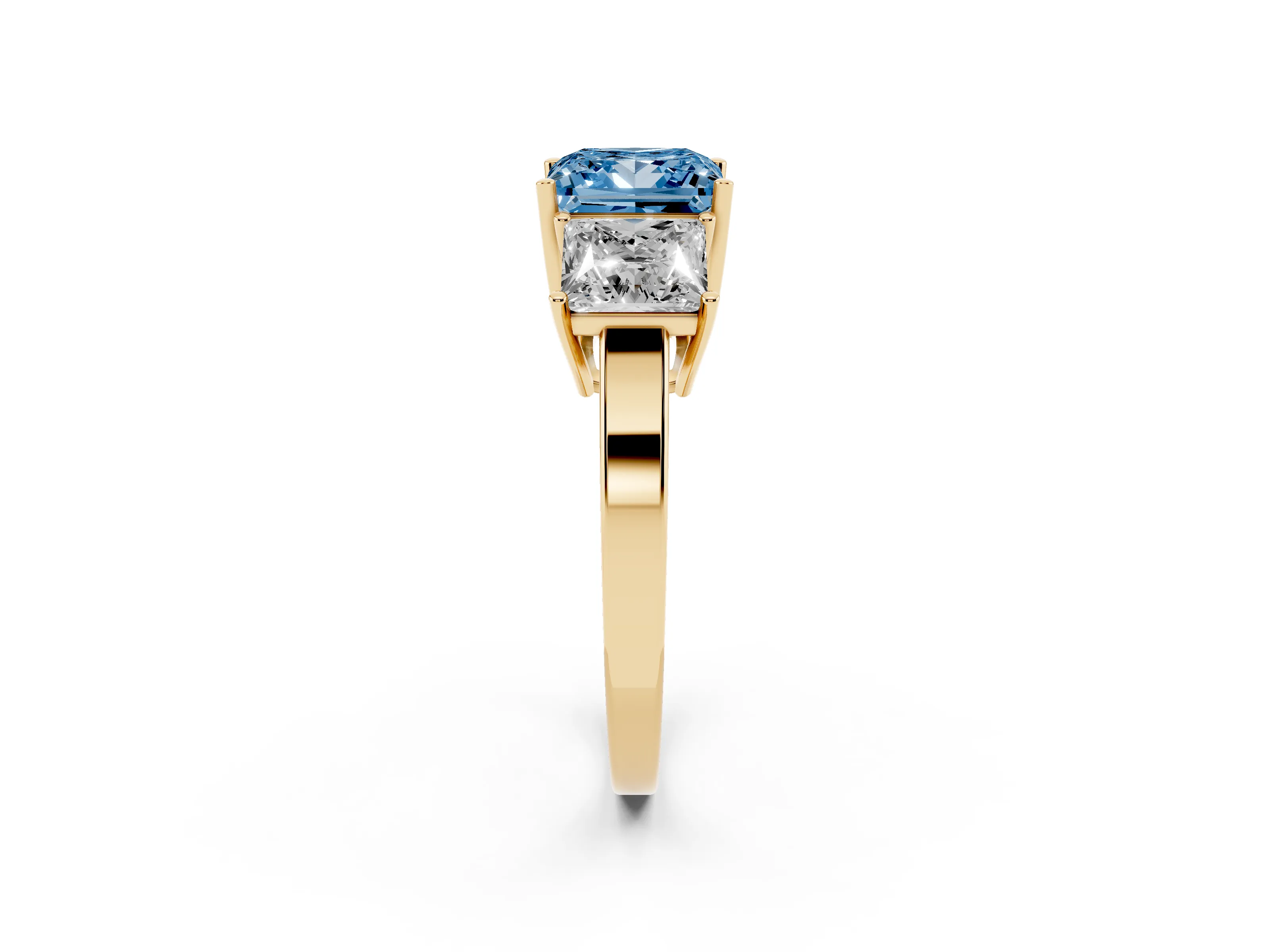 Fancy Blue Princess Cut Diamond Three-Stone Engagement Ring Set in Yellow gold with Flat Band
