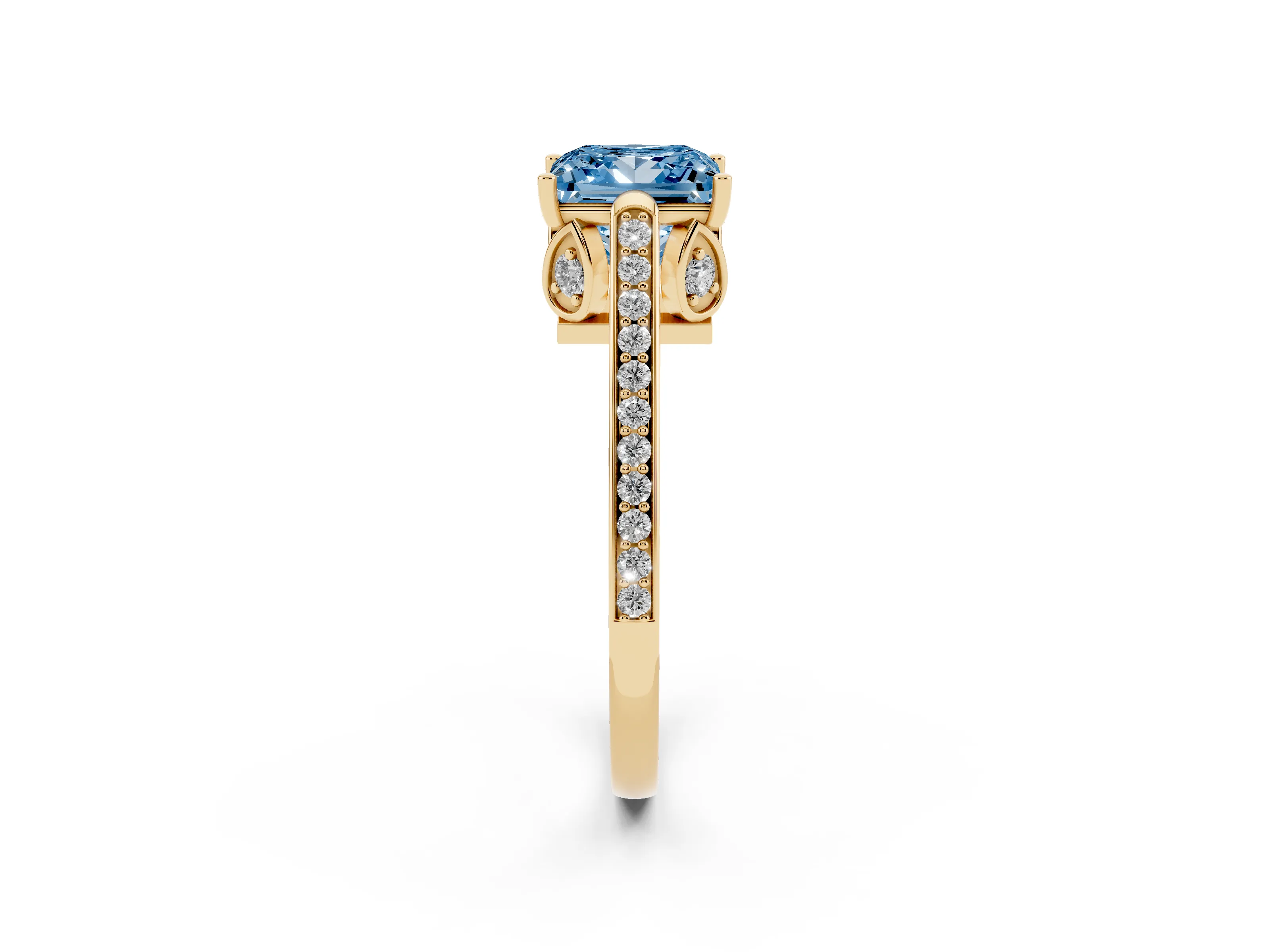 Fancy Blue Princess Cut Diamond Cathedral Pavé Engagement Ring Set in Yellow gold with Prong Setting