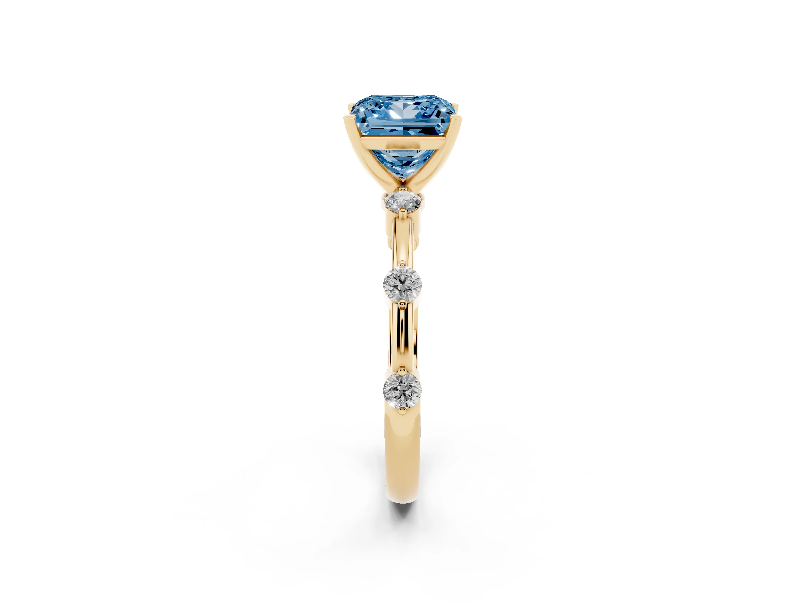Fancy Blue Princess Cut Diamond Solitaire Ring Set in Yellow gold with Bezel Set Side Stones and Prong Setting