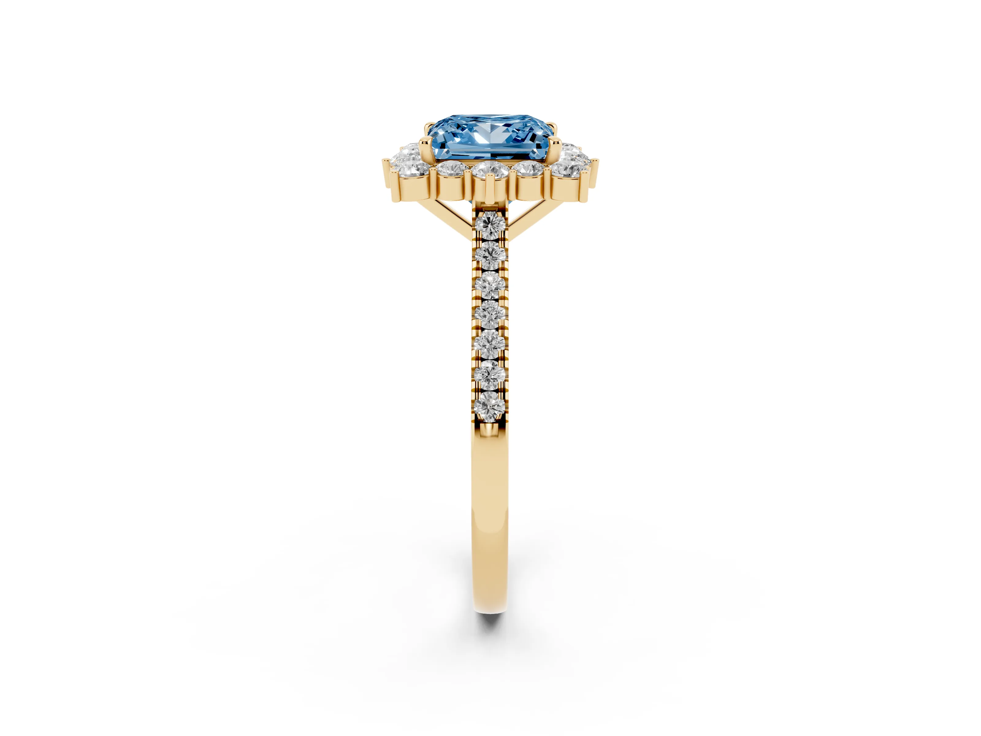 Fancy Blue Princess Cut Diamond Halo Ring Set in Yellow gold with Pavé Band and Prong Setting