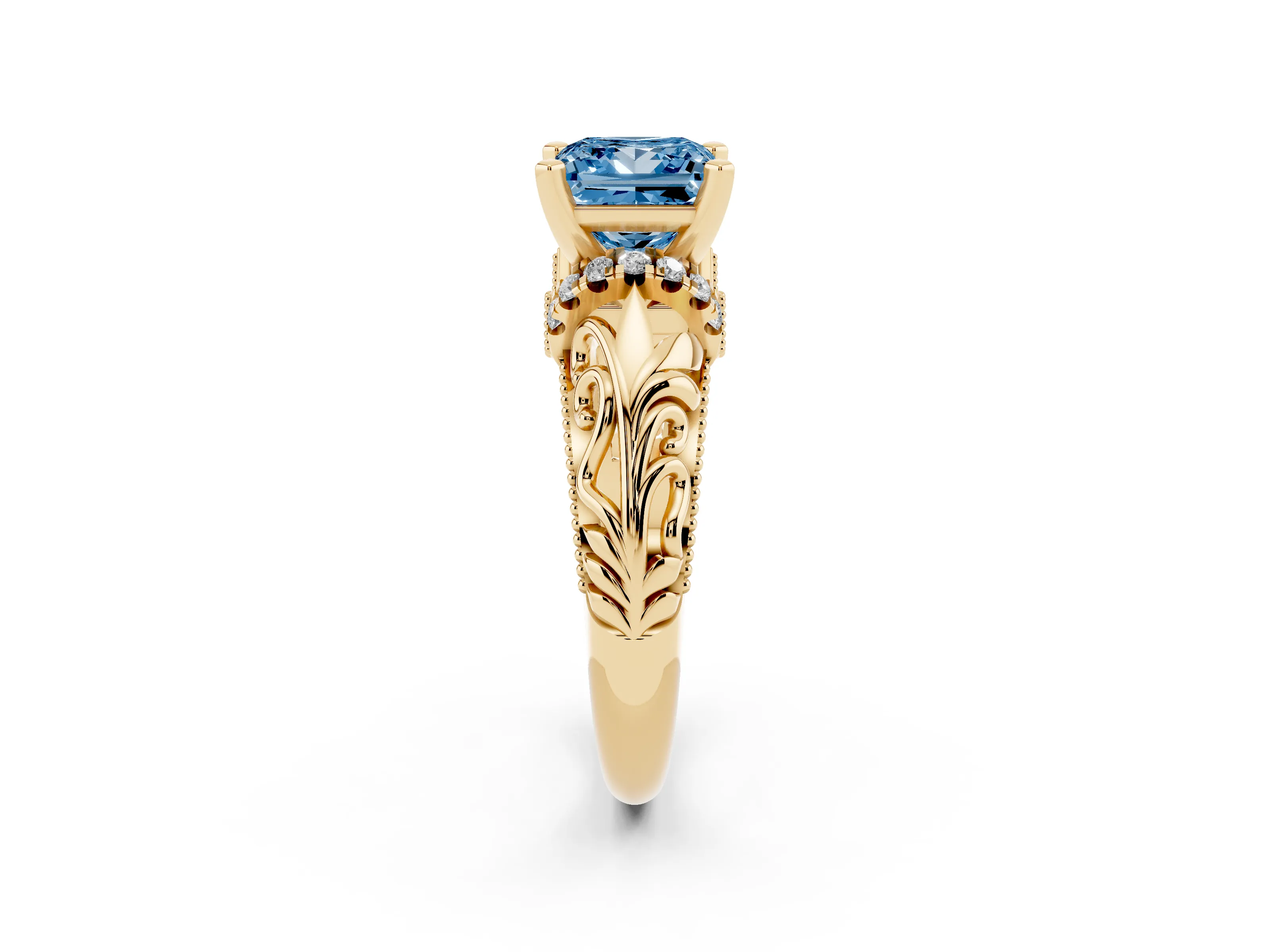 Fancy Blue Princess Cut Diamond Filigree Halo Engagement Ring Set in Yellow gold with Prong Setting