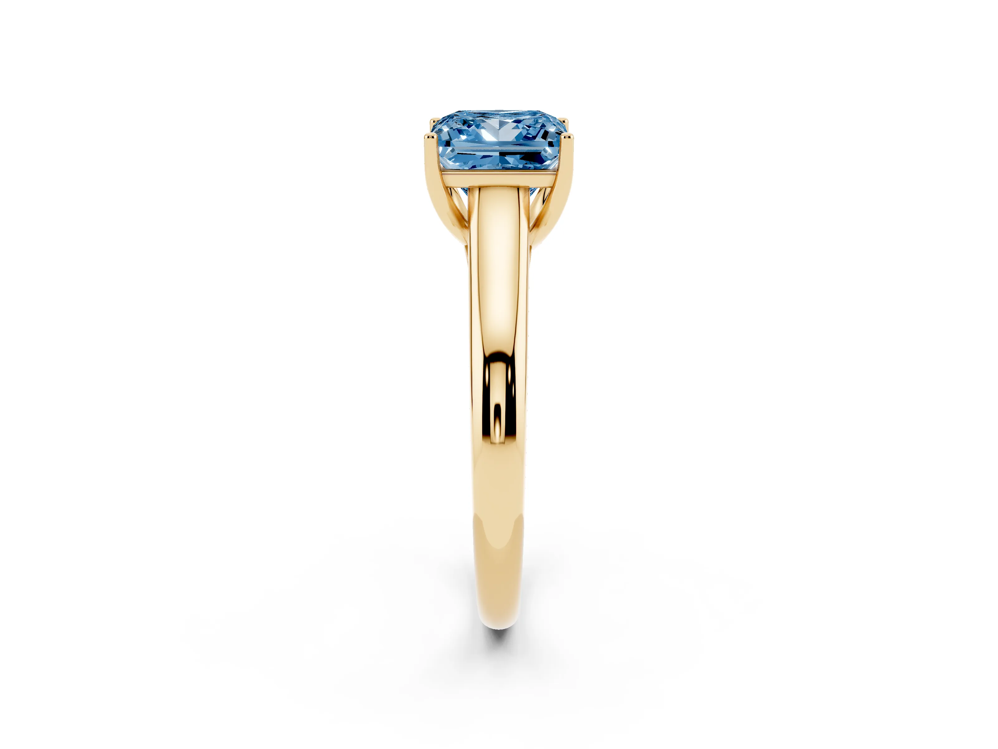Fancy Blue Princess Cut Diamond Solitaire Engagement Ring Set in Yellow gold with Subtly Tapered Band and Prong Setting