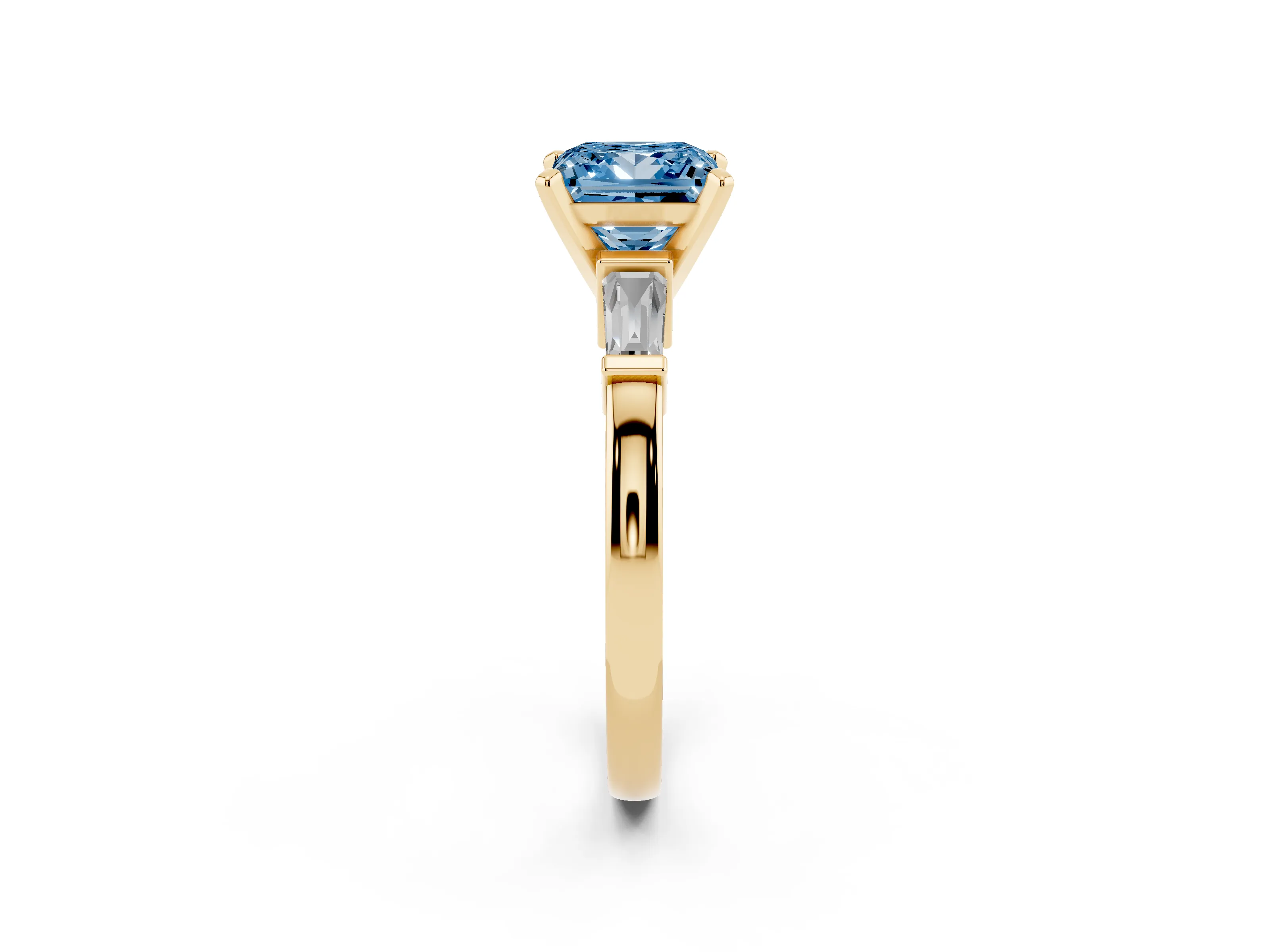 Fancy Blue Princess Cut Diamond Solitaire Ring Set in Yellow gold with Tapered Baguette Accents and Prong Setting
