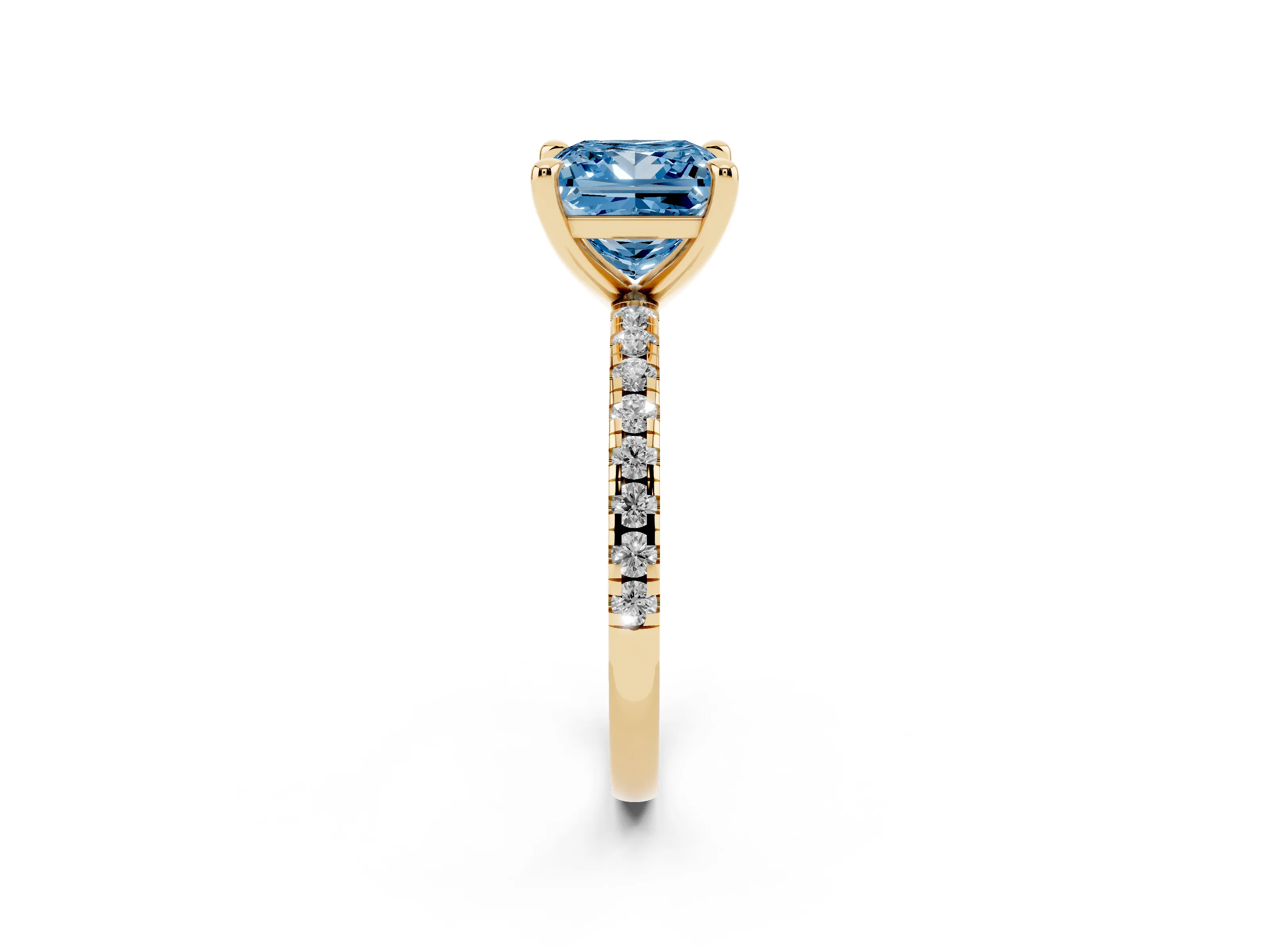 Fancy Blue Princess Cut Diamond Brilliant Solitaire Ring Set in Yellow gold with Pavé Band and Prong Setting