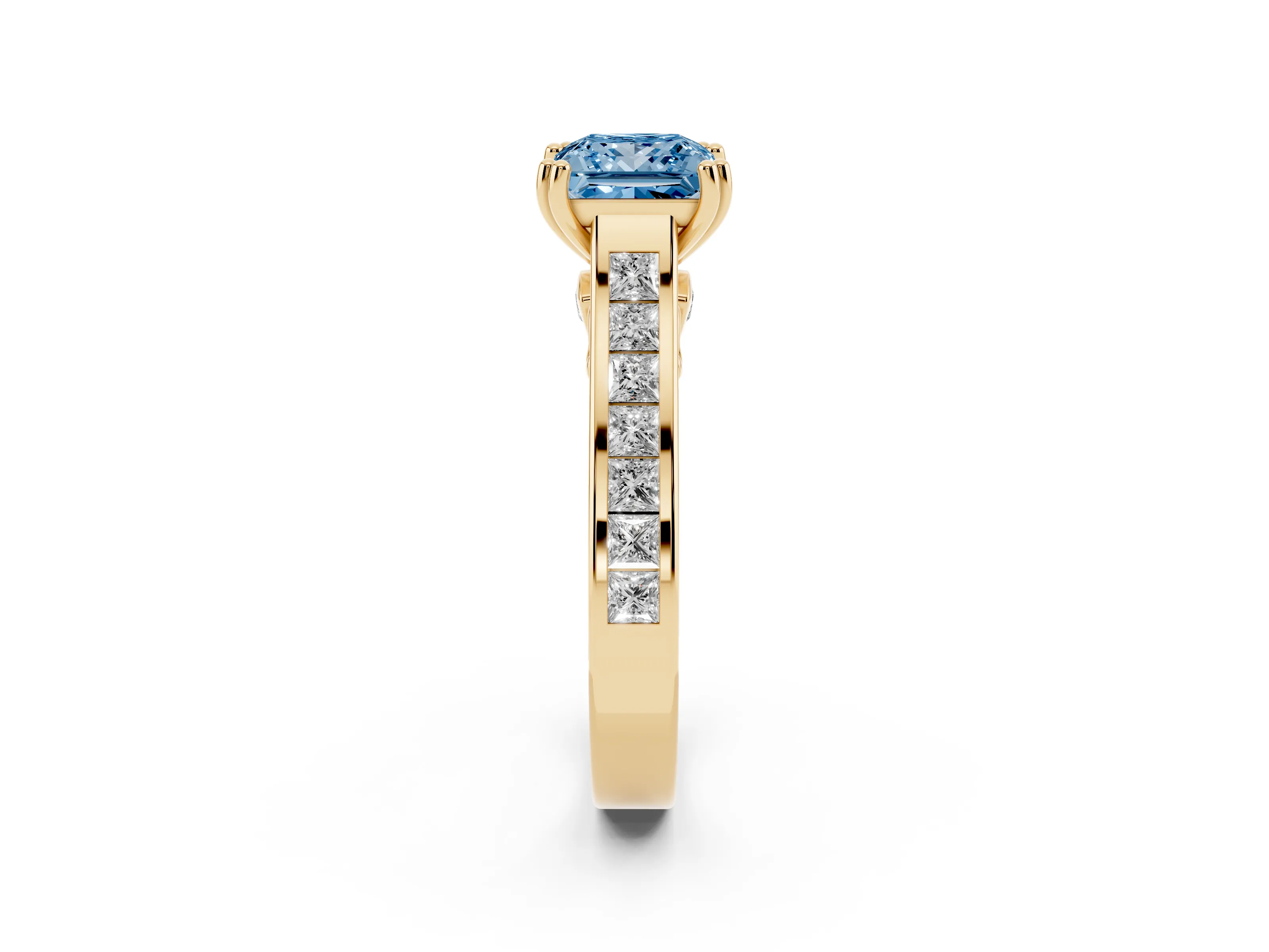 Fancy Blue Princess Cut Diamond Channel Set Solitaire Engagement Ring Set in Yellow gold with Prong Setting