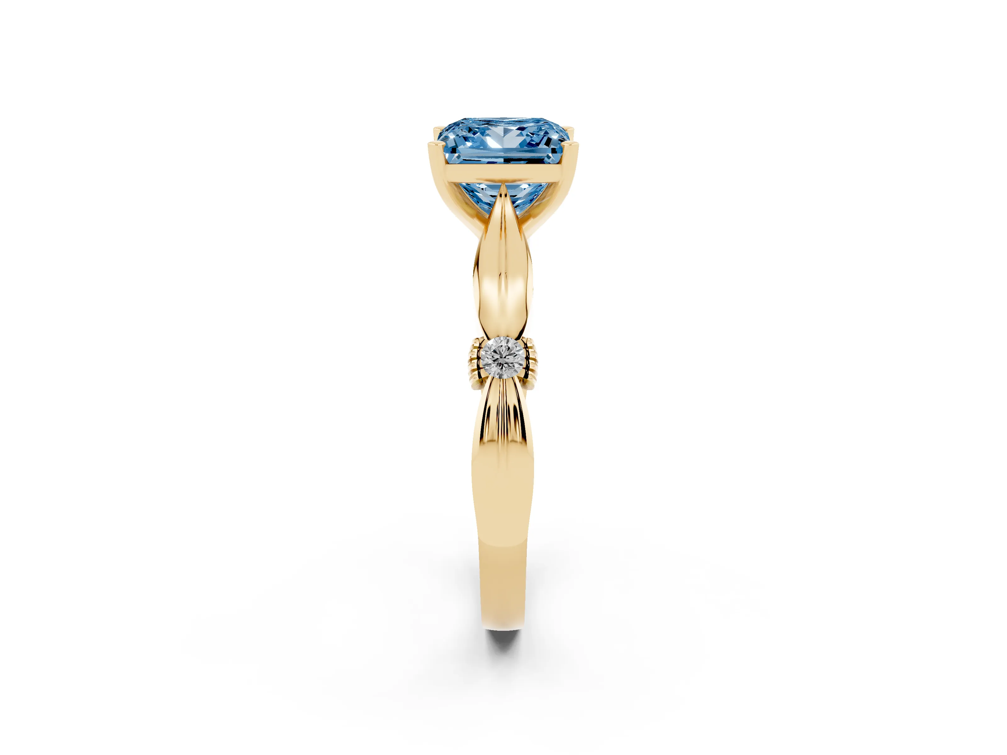Fancy Blue Princess Cut Diamond Solitaire Twisted Band Ring Set in Yellow gold with Accent Stones and Prong Setting
