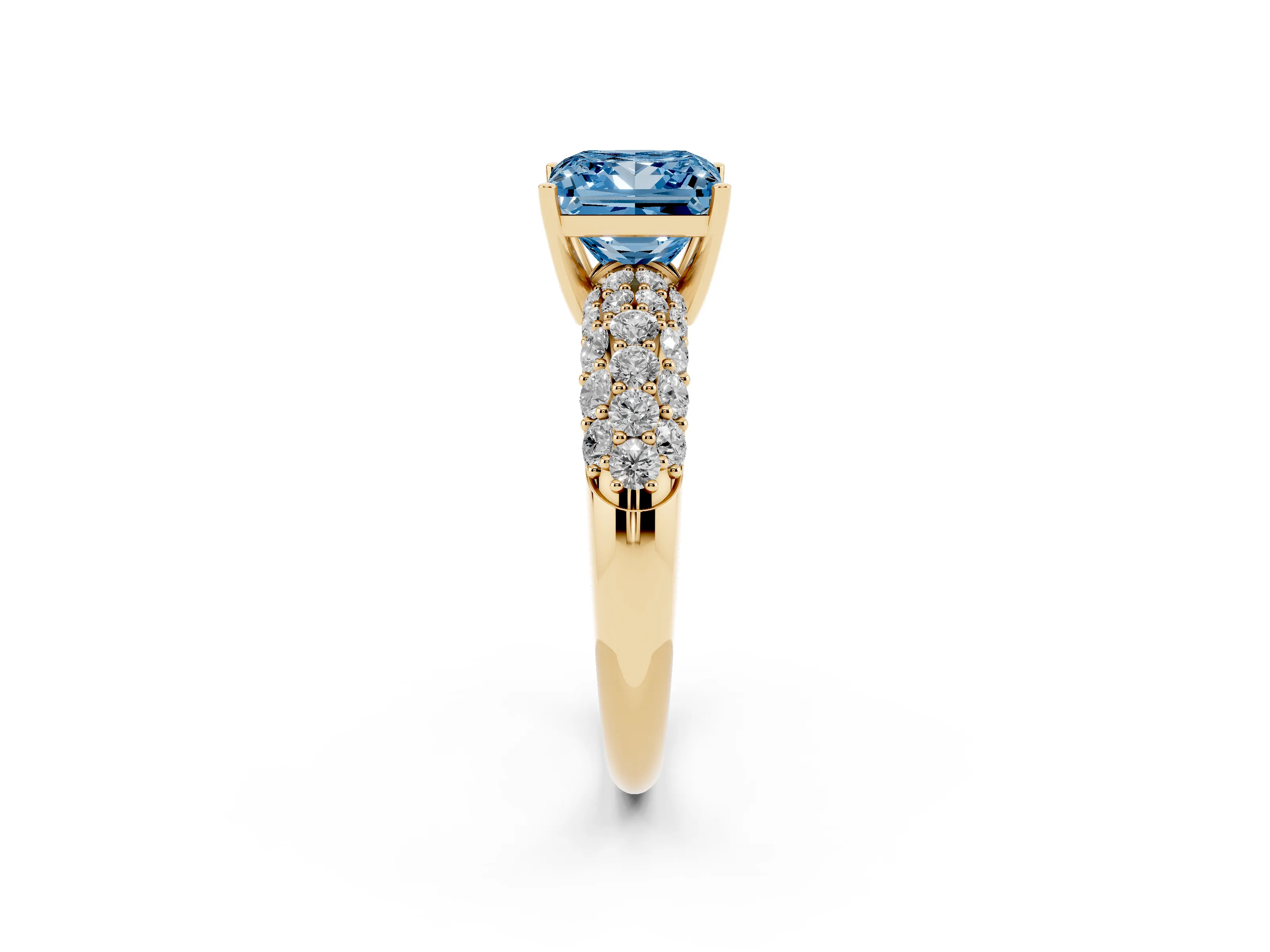 Fancy Blue Princess Cut Diamond Pavé Band Solitaire Ring Set in Yellow gold with Close-Set Accent Stones and Prong Setting