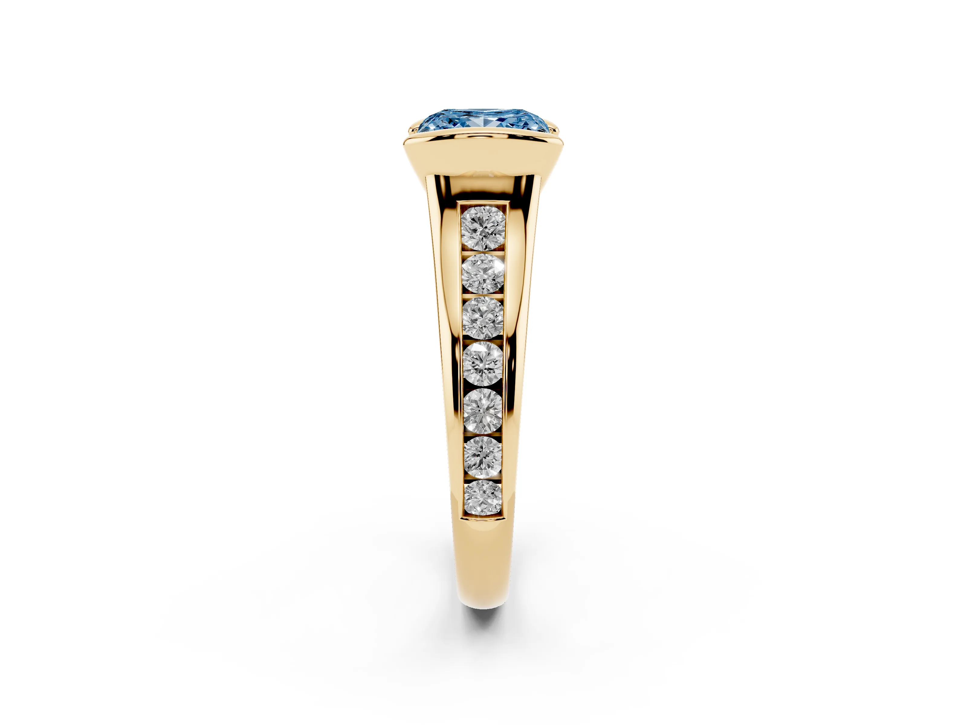 Fancy Blue Princess Cut Diamond Bezel-Set Solitaire Ring Set in Yellow gold with Channel-Set Band