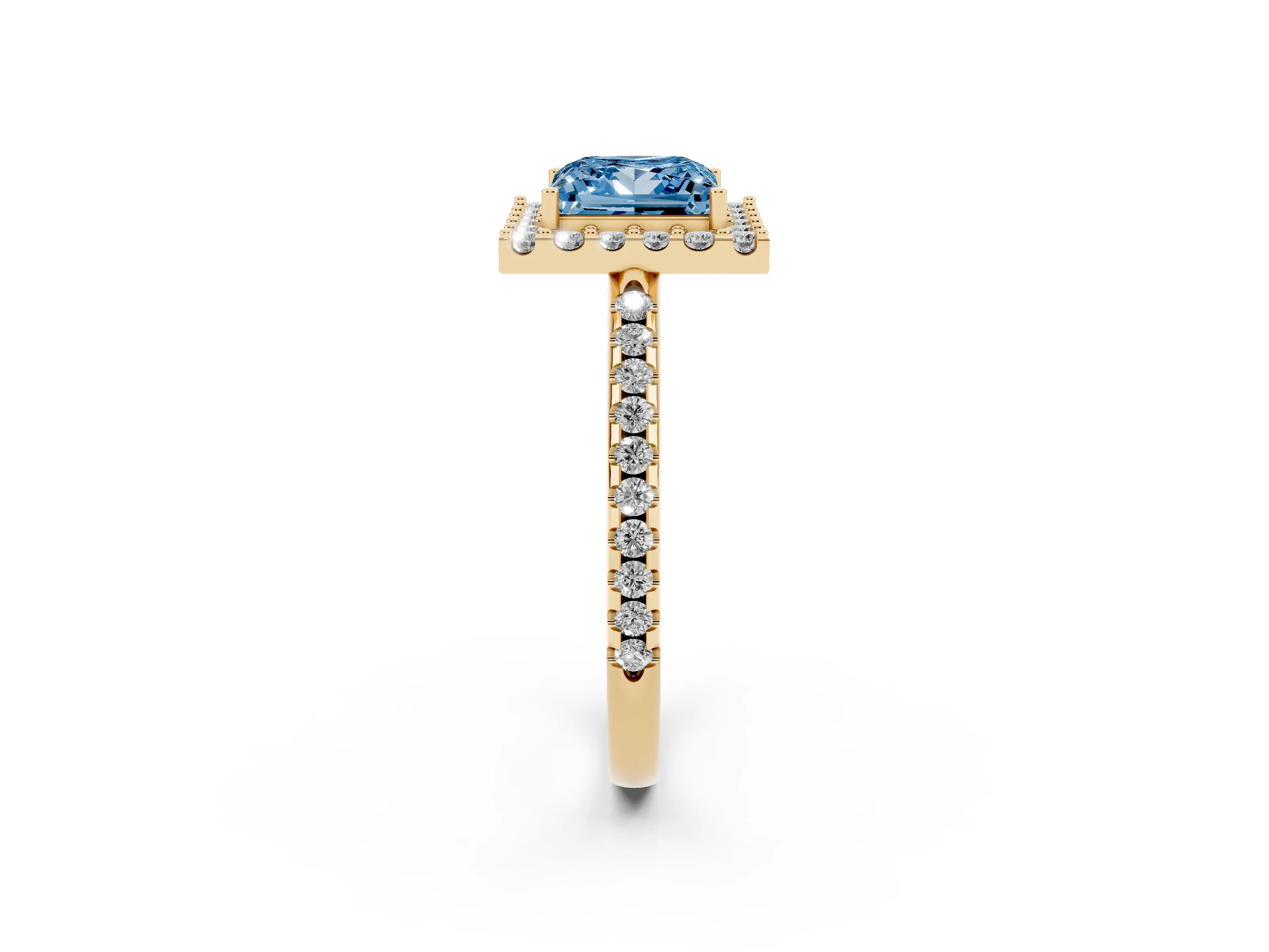 Fancy Blue Princess Cut Diamond Pavé Halo Ring Set in Yellow gold with Prong Setting