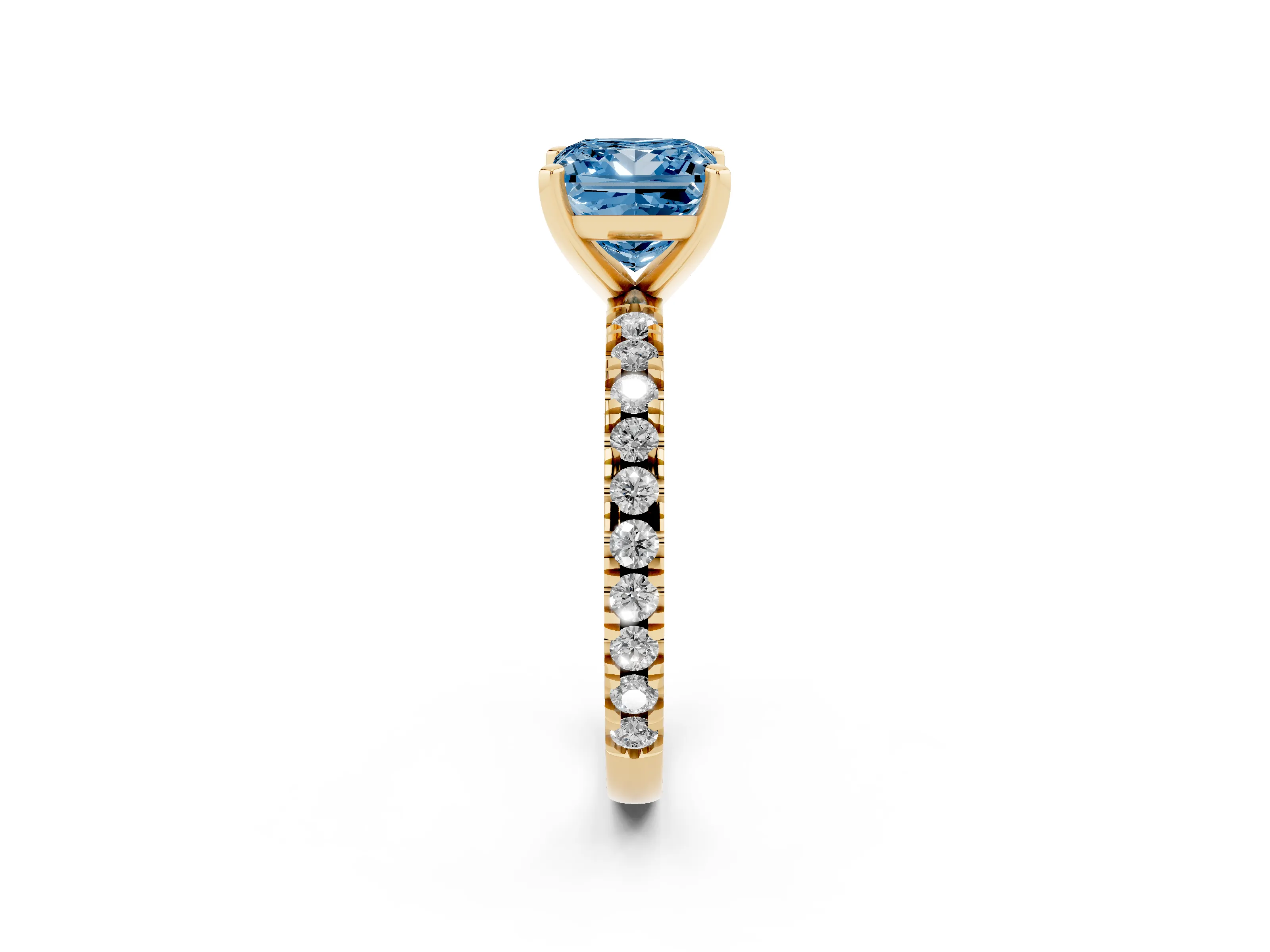 Fancy Blue Princess Cut Diamond Pavé Band Solitaire Set in Yellow gold with Prong Setting