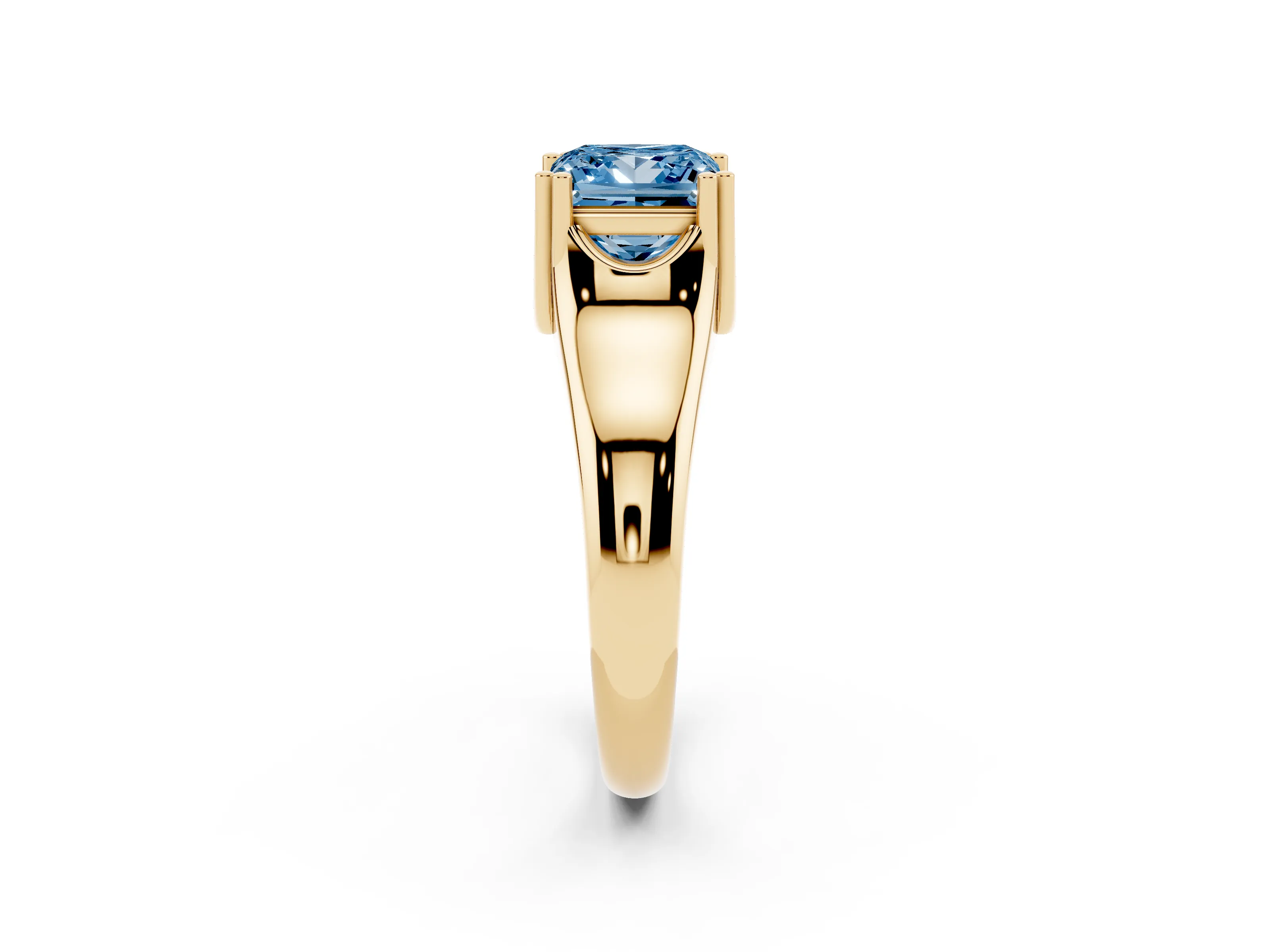 Fancy Blue Princess Cut Diamond Solitaire Ring Set in Yellow gold with Wide Band and Prong Setting