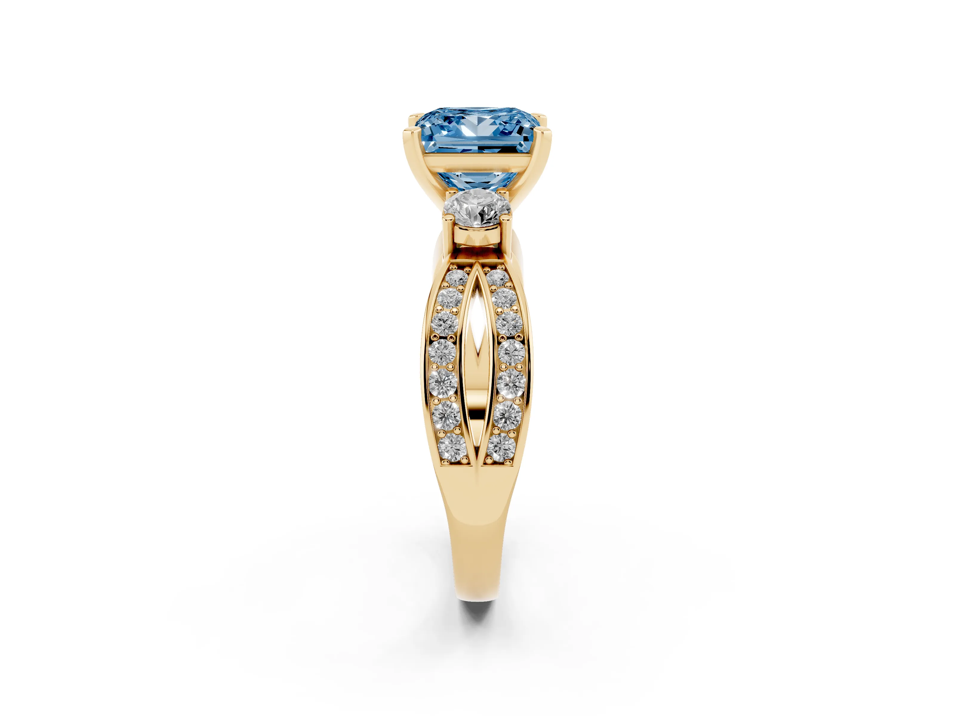 Fancy Blue Three-Stone Princess Cut Diamond Twist Band Ring Set in Yellow gold with Pavé Accents and Prong Setting