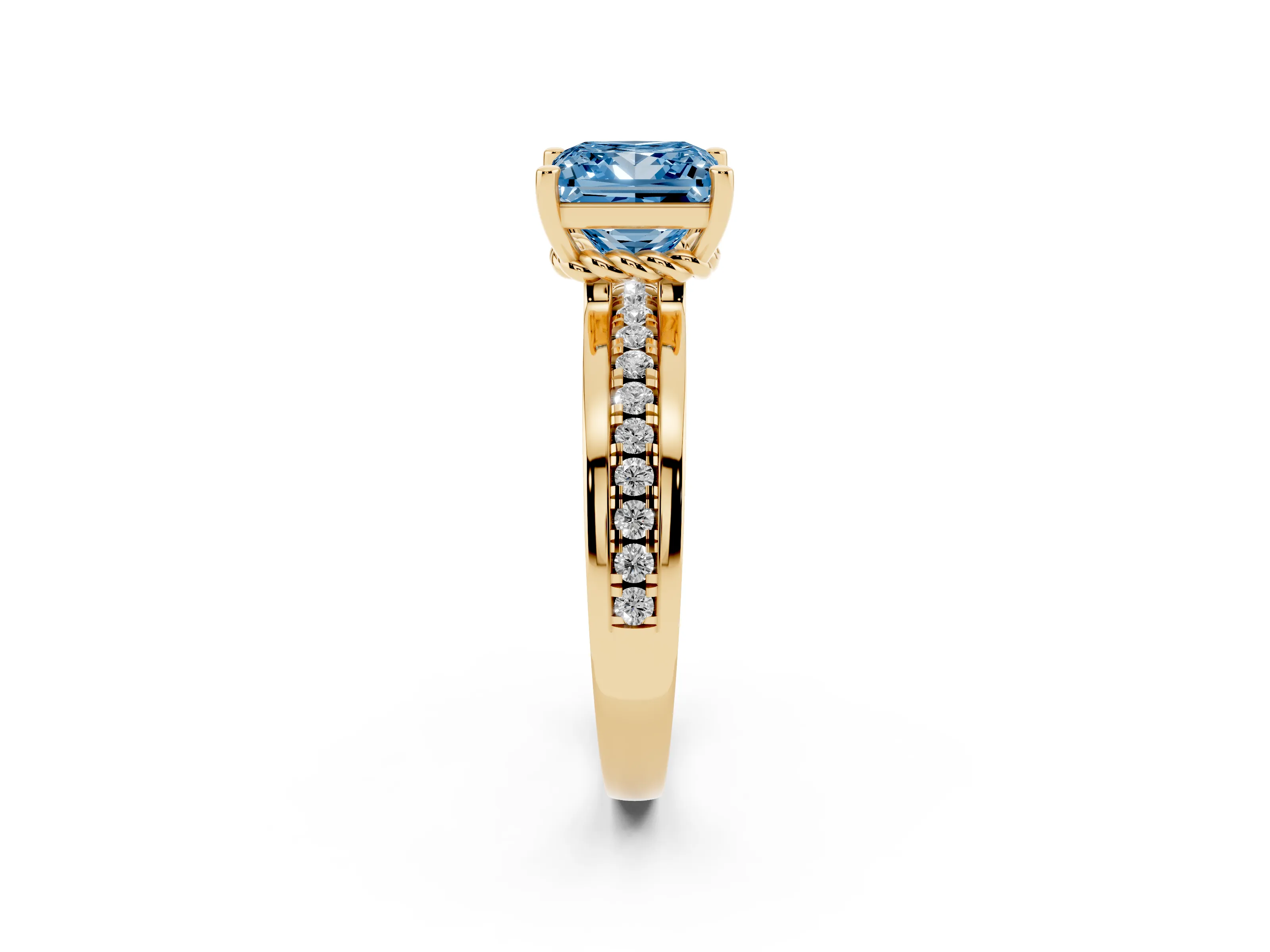 Fancy Blue Princess Cut Diamond Solitaire Ring Set in Yellow gold with Channel Set Band and Prong Setting