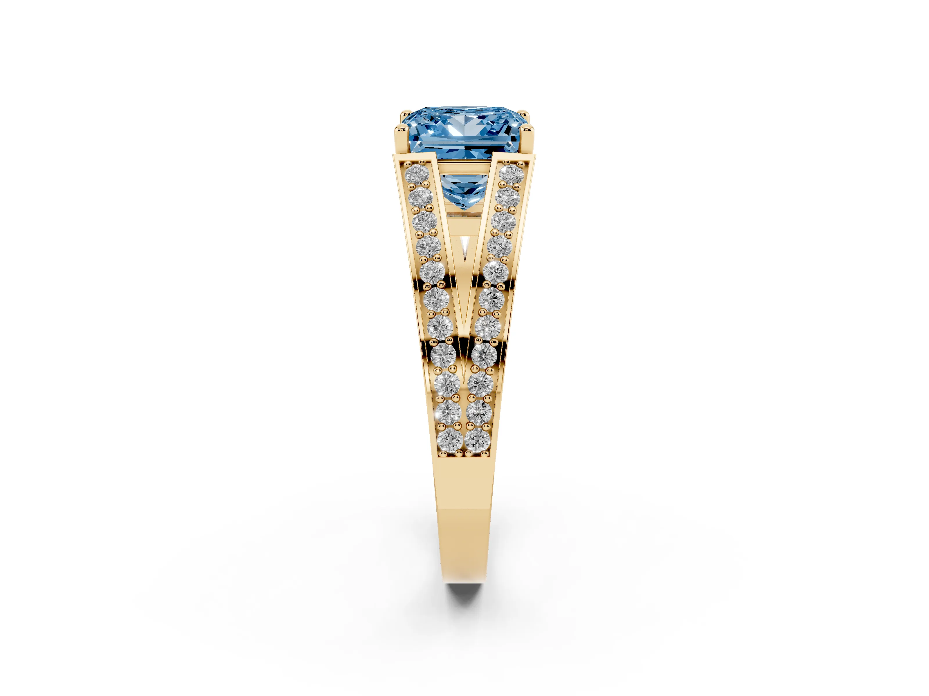 Fancy Blue Princess Cut Diamond Split Shank Ring Set in Yellow gold with Pavé Band and Prong Setting