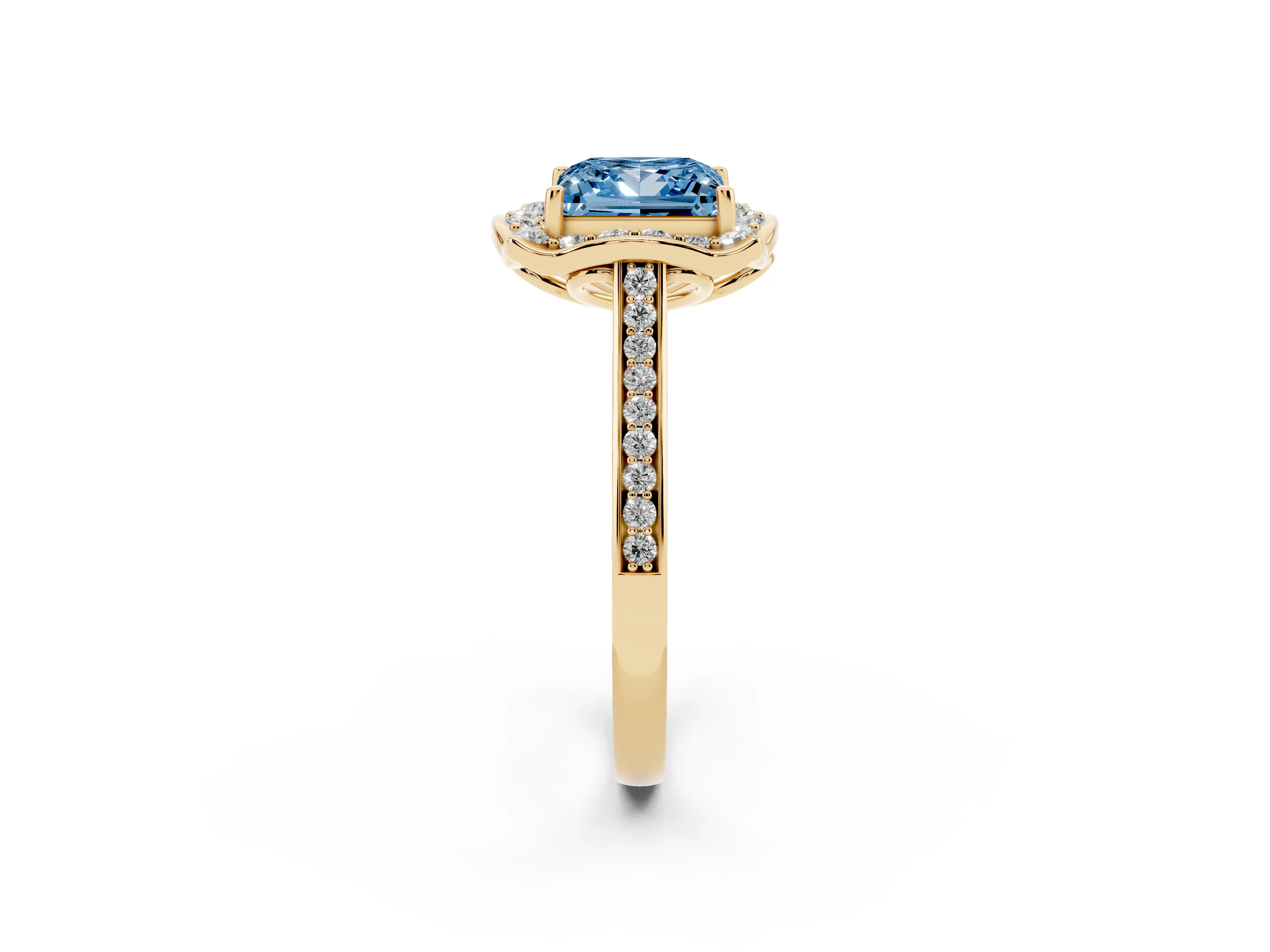 Fancy Blue Princess Cut Diamond Halo Ring Set in Yellow gold with Pavé-Lined Shoulders and Prong Setting