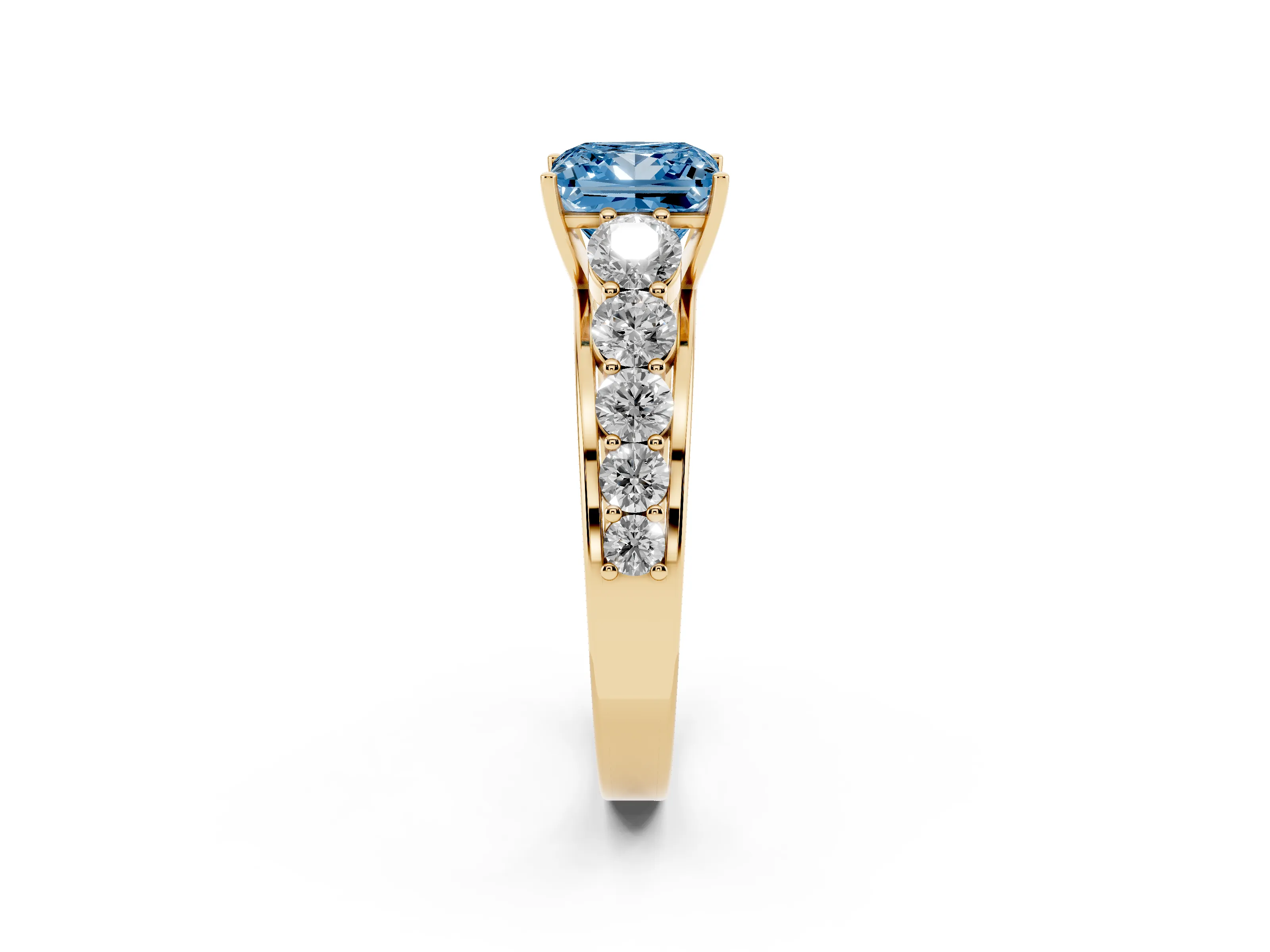 Fancy Blue Princess Cut Diamond Solitaire Ring Set in Yellow gold with Pavé-Set Band and Prong Setting