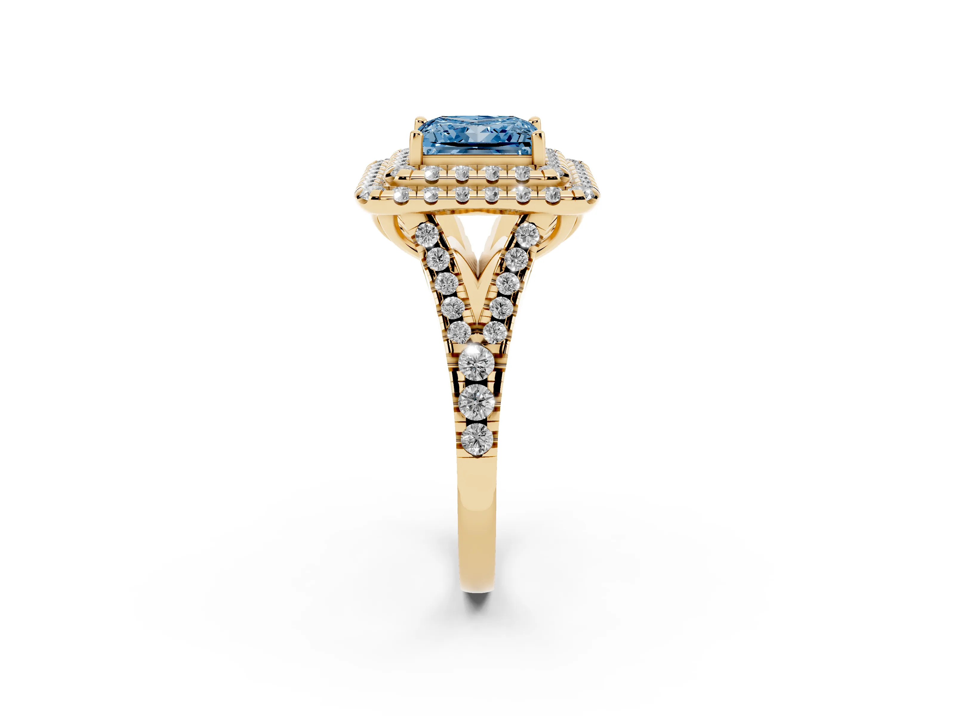 Fancy Blue Princess Cut Diamond Double Halo Ring Set in Yellow gold with Pavé Split Shank and Prong Setting