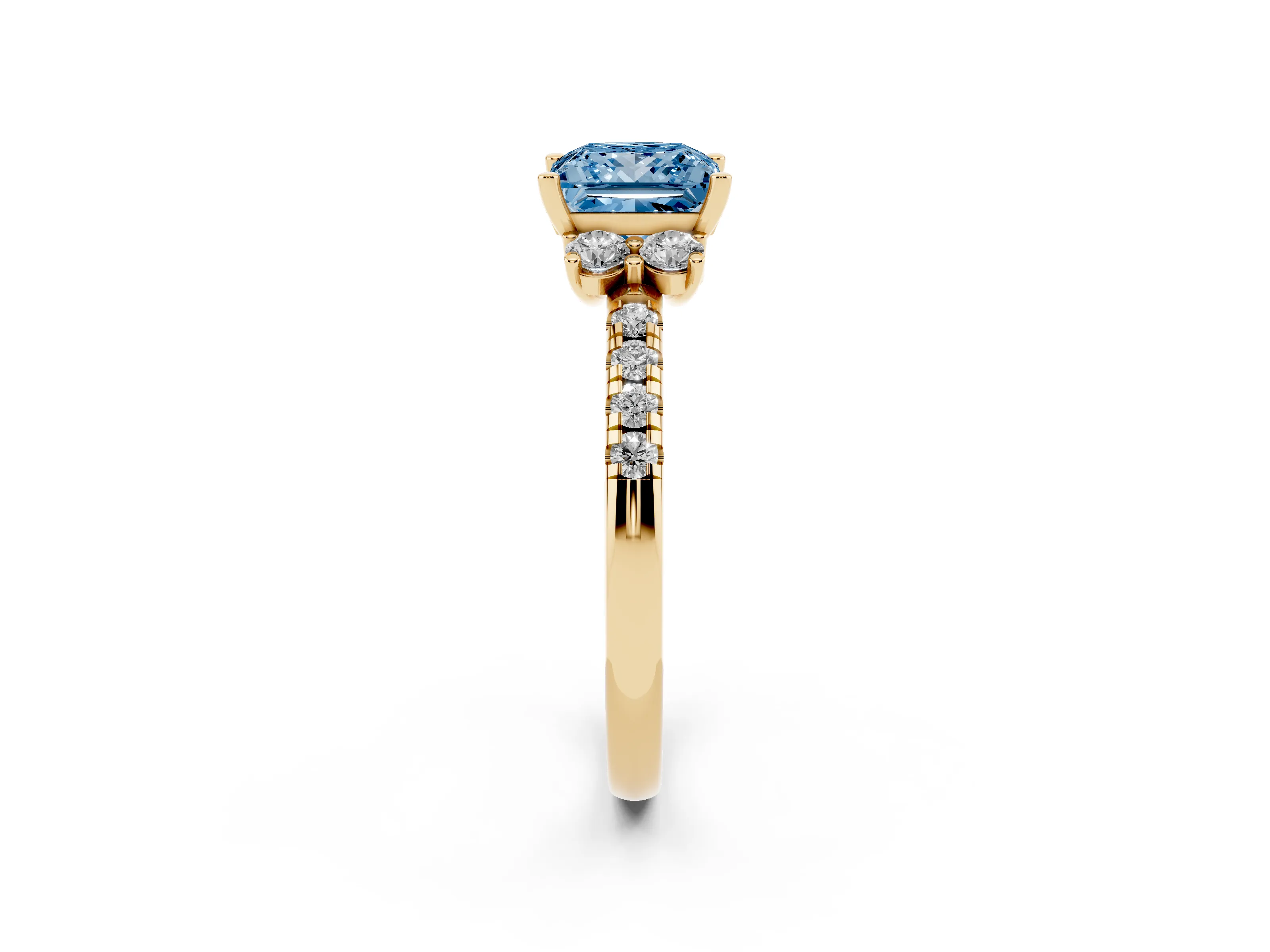 Fancy Blue Princess Cut Diamond Three-Stone Pavé Ring Set in Yellow gold with Prong Setting
