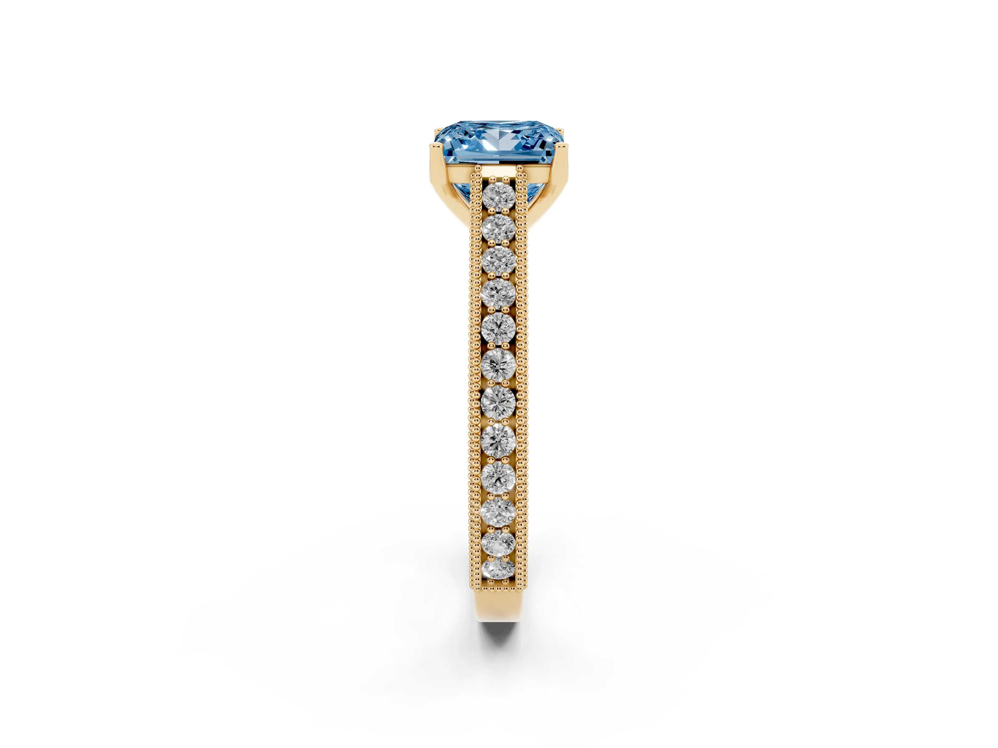 Fancy Blue Princess Cut Diamond Milgrain Pavé Band Solitaire Ring Set in Yellow gold with Prong Setting