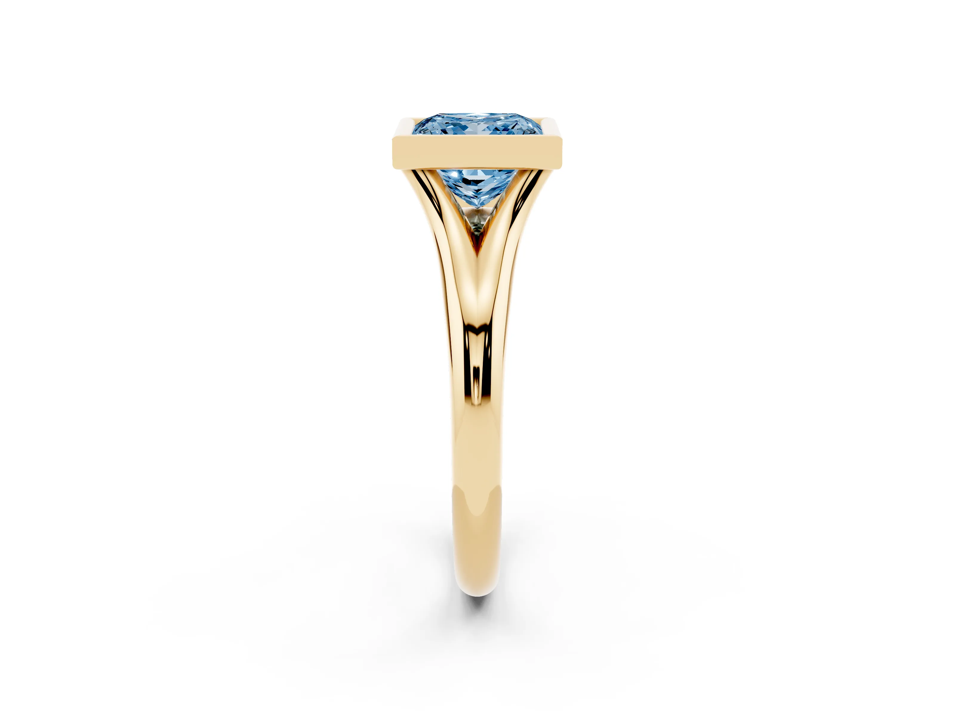 Fancy Blue Bezel Set Princess Cut Diamond Solitaire Ring Set in Yellow gold with Smooth Band