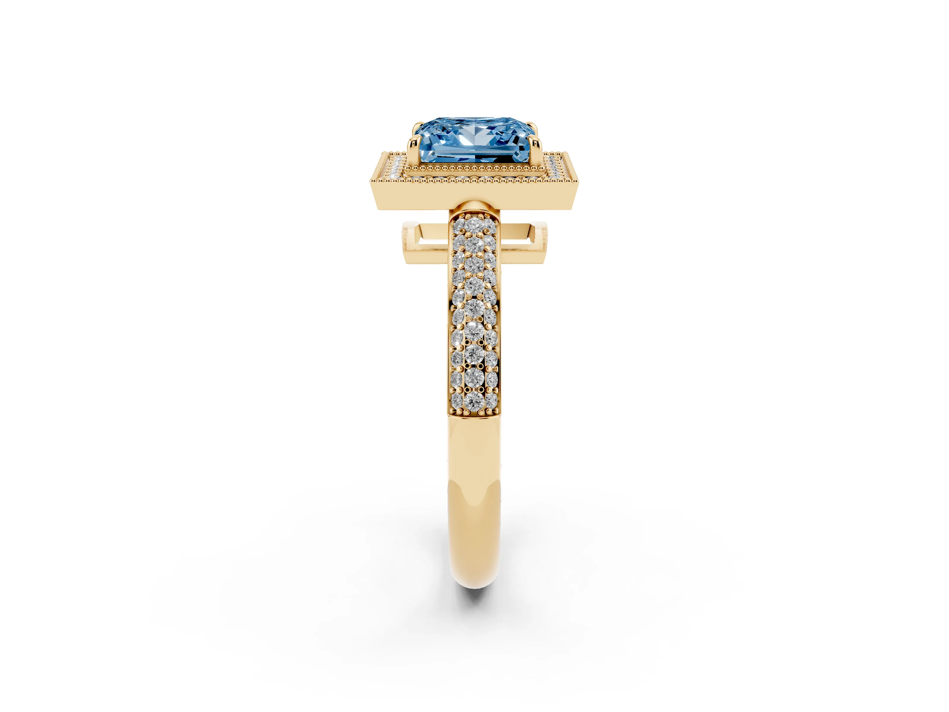 Fancy Blue Princess Cut Diamond Halo Pavé Band Set in Yellow gold with Prong Setting