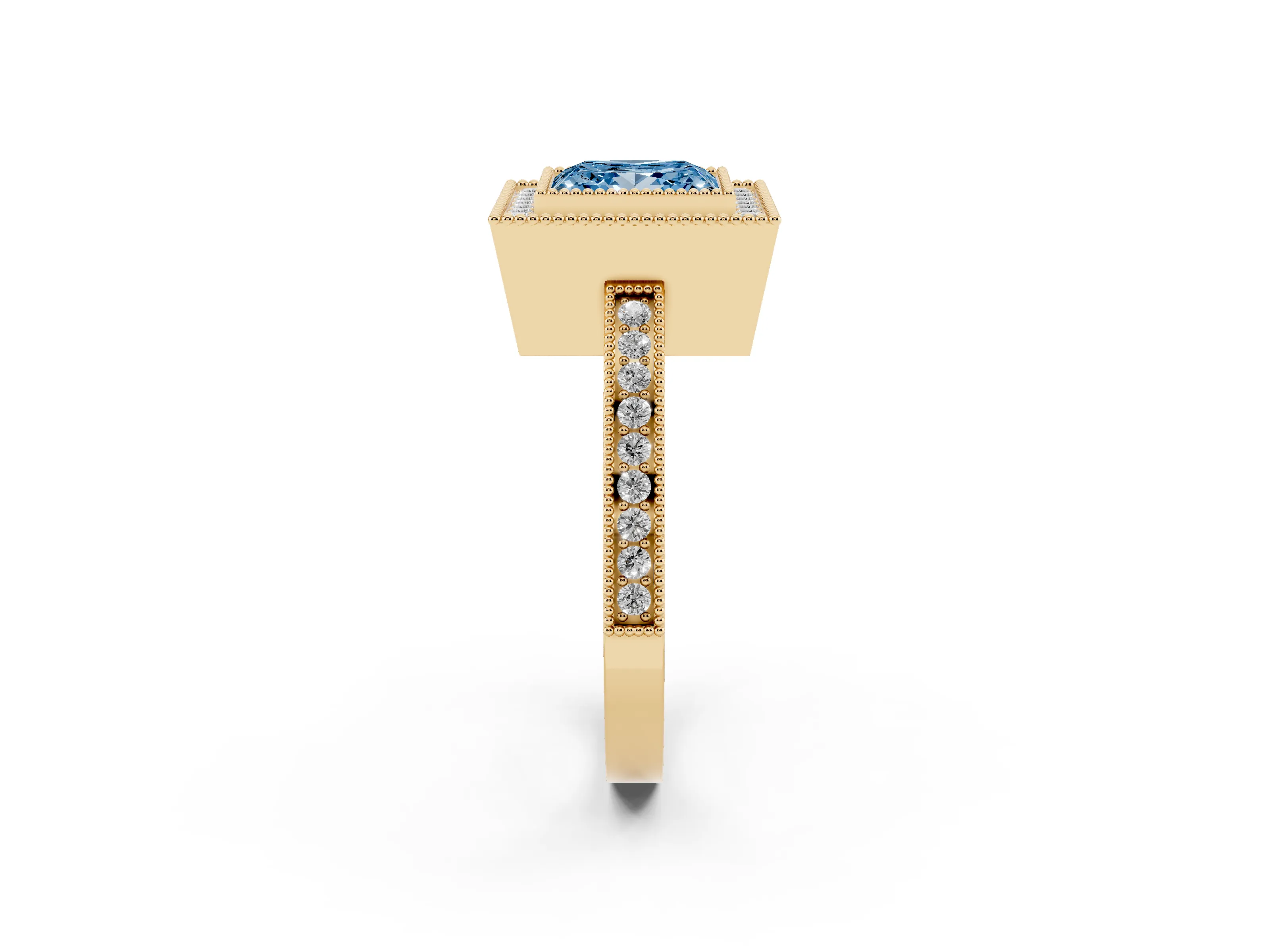 Fancy Blue Princess Cut Diamond Halo Ring Set in Yellow gold with Pavé Band and Milgrain-Edged Prongs