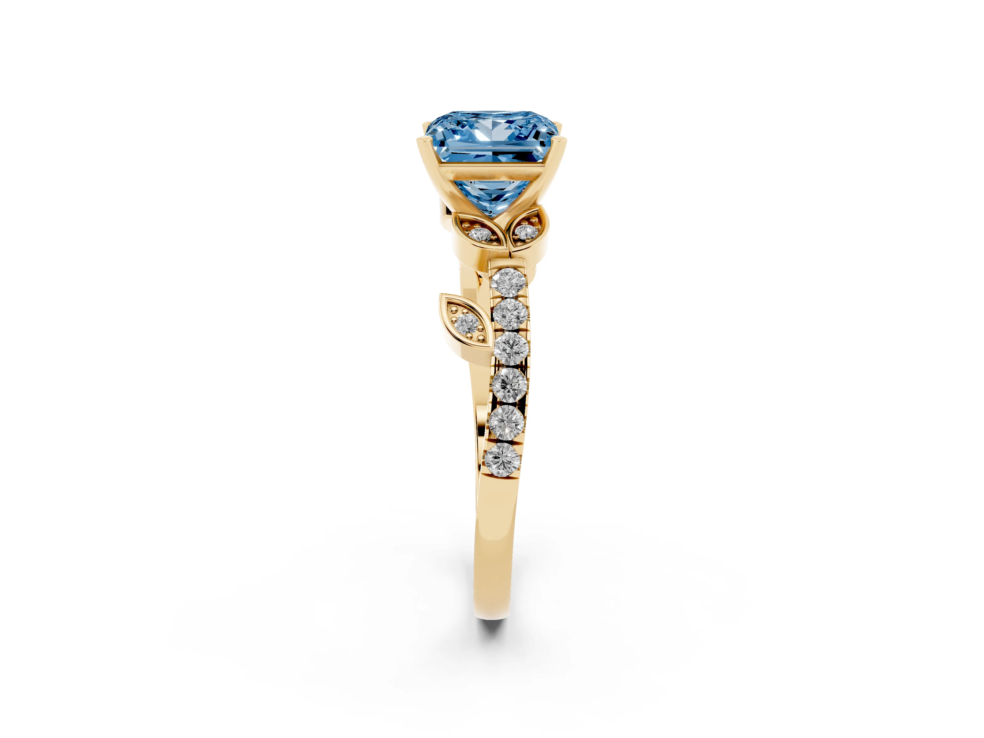 Fancy Blue Princess Cut Diamond Solitaire Leaf-Inspired Ring Set in Yellow gold with Pavé Band and Prong Setting