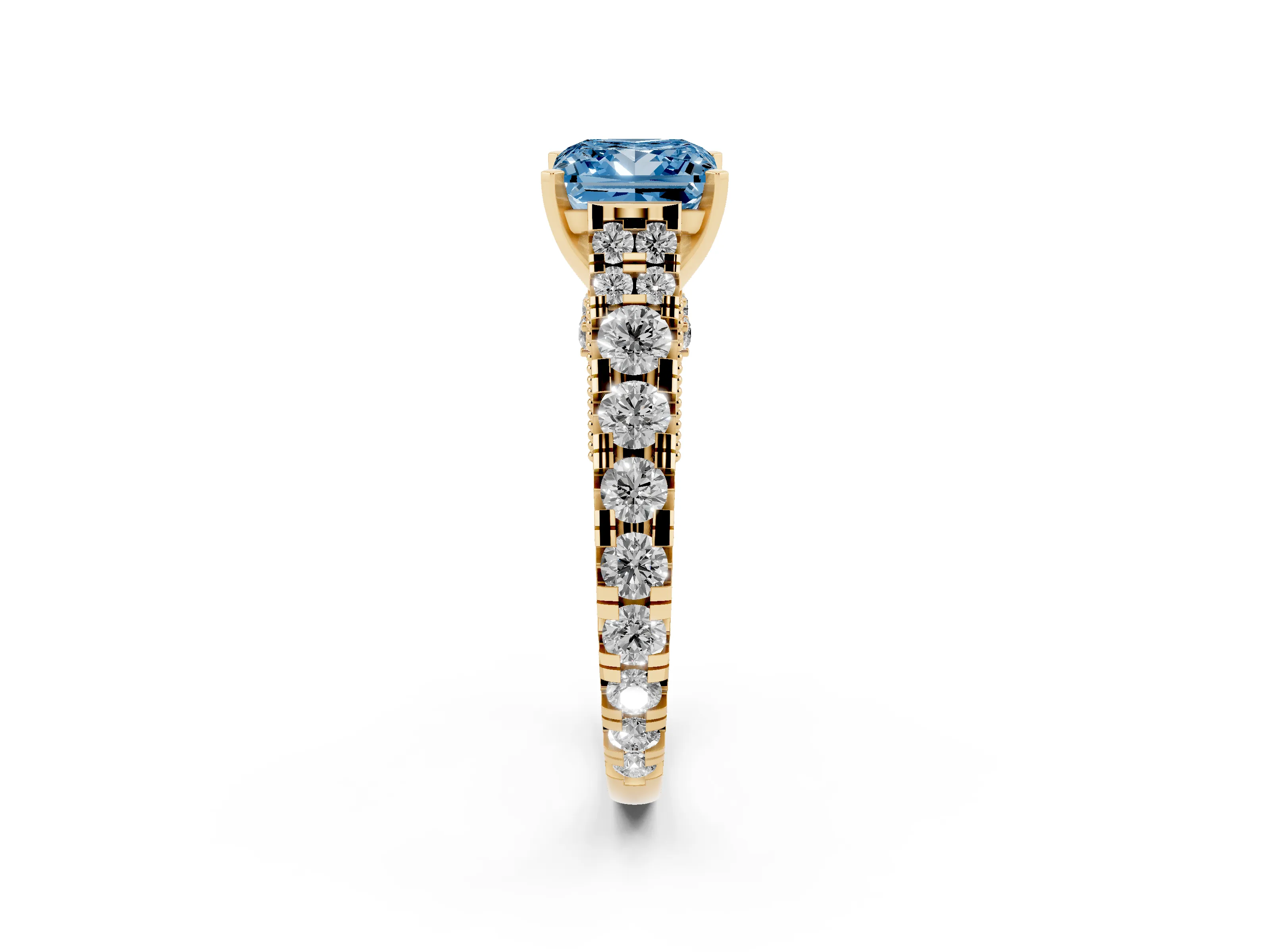 Fancy Blue Princess Cut Diamond Classic Solitaire Ring Set in Yellow gold with Pavé Band and Prong Setting