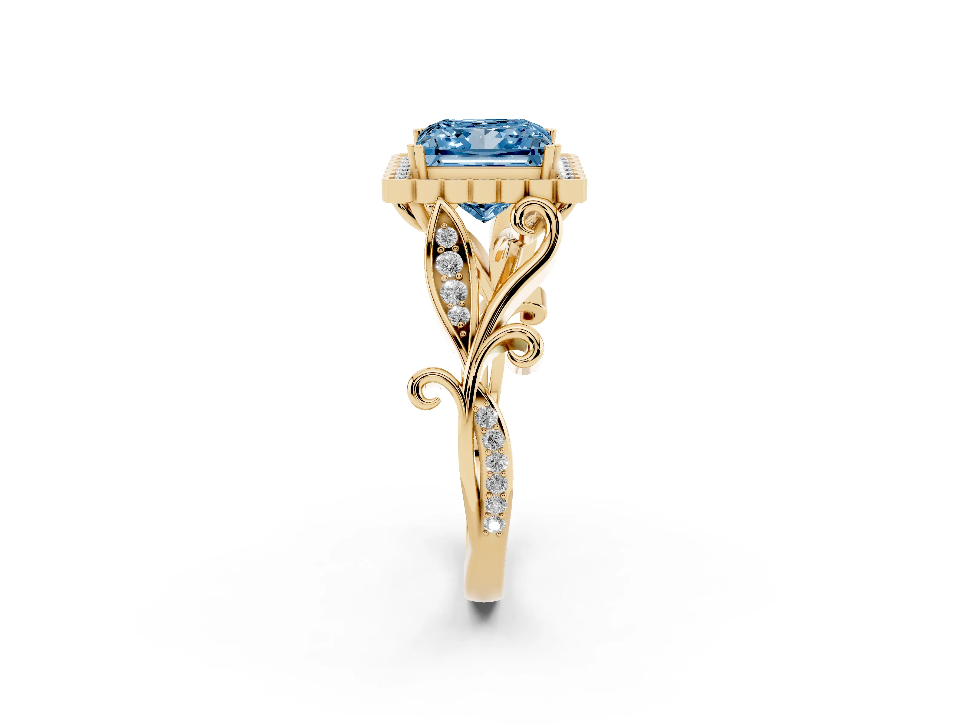 Fancy Blue Princess Cut Diamond Halo Ring Set in Yellow gold with Leaf Motif Split Shank and Prong Setting