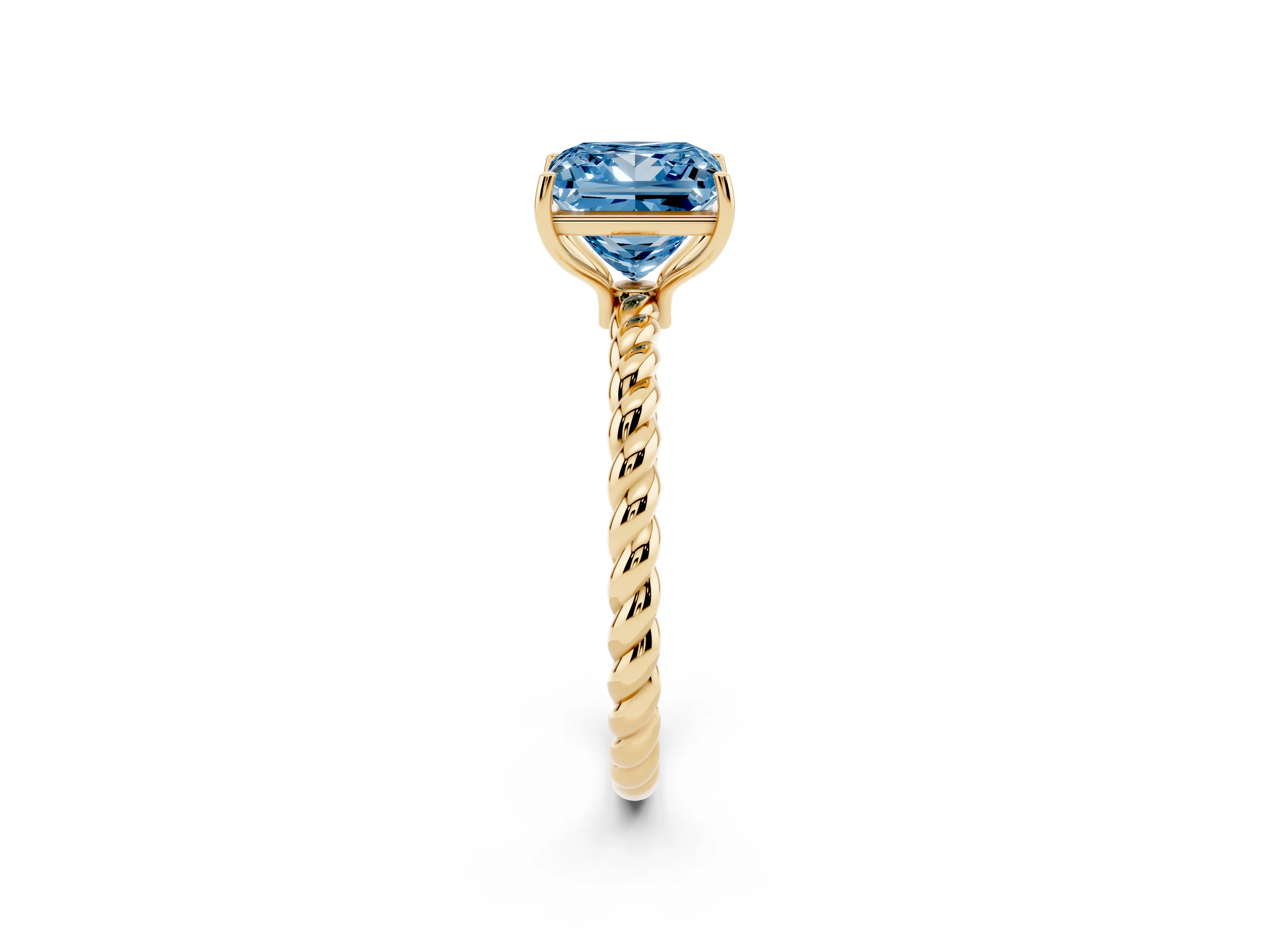 Fancy Blue Princess Cut Diamond Solitaire Ring Set in Yellow gold with Twist Band and Prong Setting
