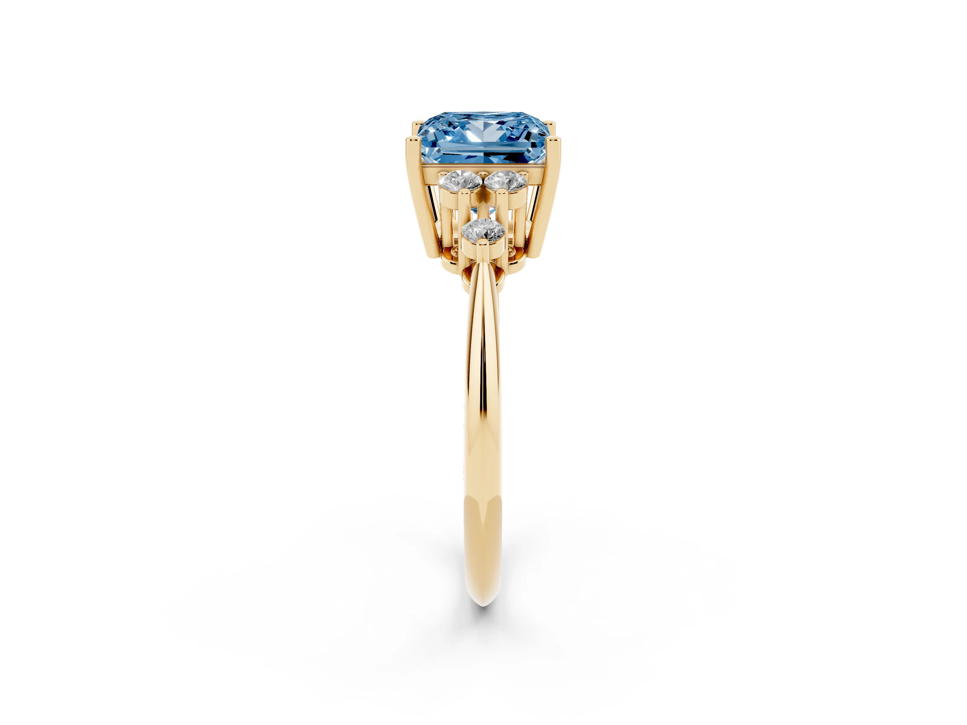 Fancy Blue Princess Cut Diamond Cluster Ring Set in Yellow gold with Plain Band and Prong Setting