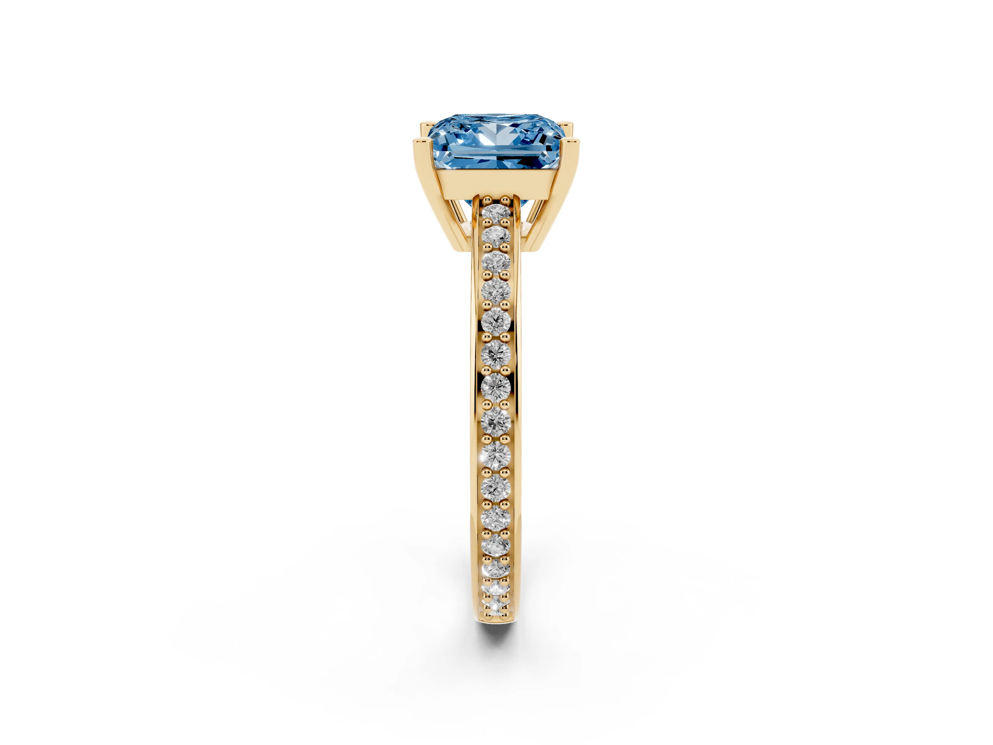 Fancy Blue Princess Cut Diamond Pavé Band Prong Set Solitaire Ring Set in Yellow gold