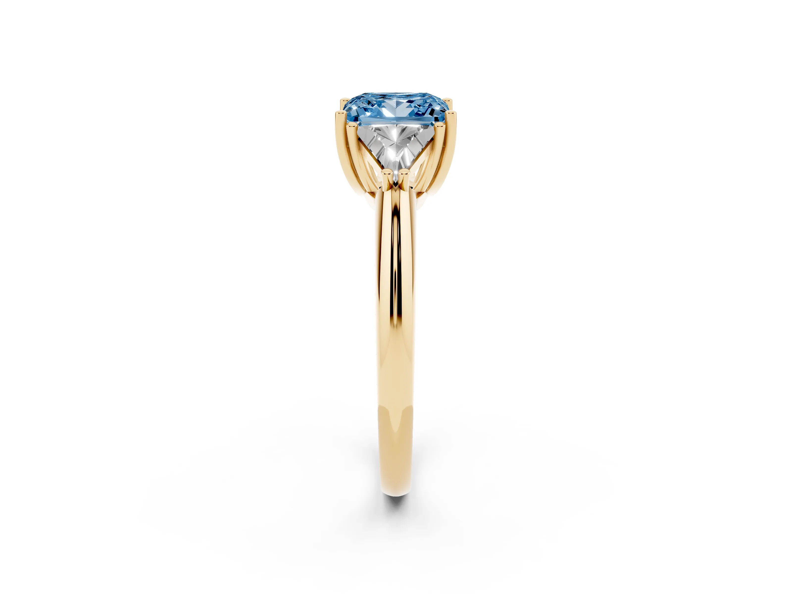 Fancy Blue Princess Cut Diamond Three-Stone Engagement Ring Set in Yellow gold with Trillion Side Stones