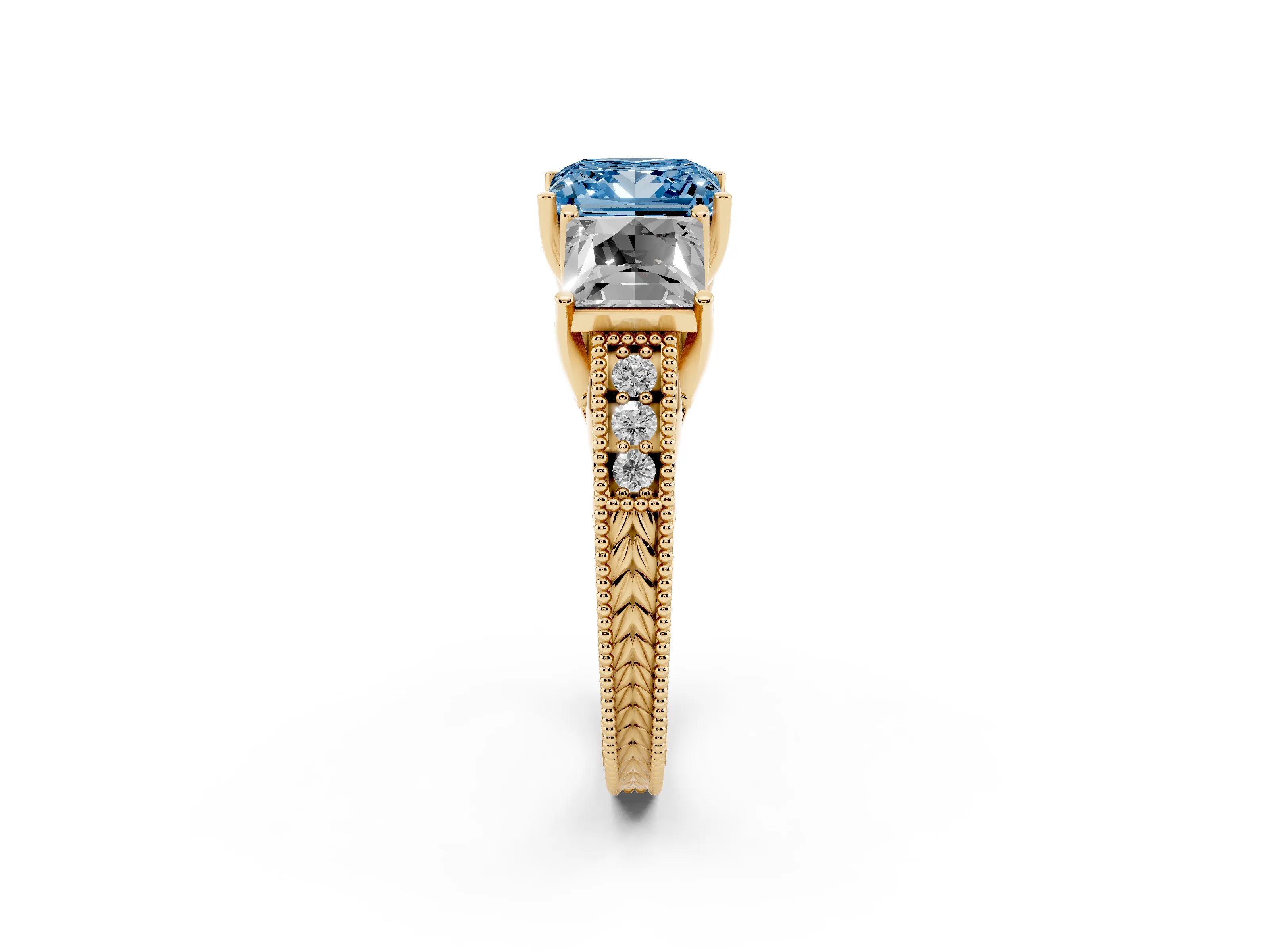 Fancy Blue Princess Cut Diamond Three-Stone Engagement Ring Set in Yellow gold with Milgrain Pavé Band