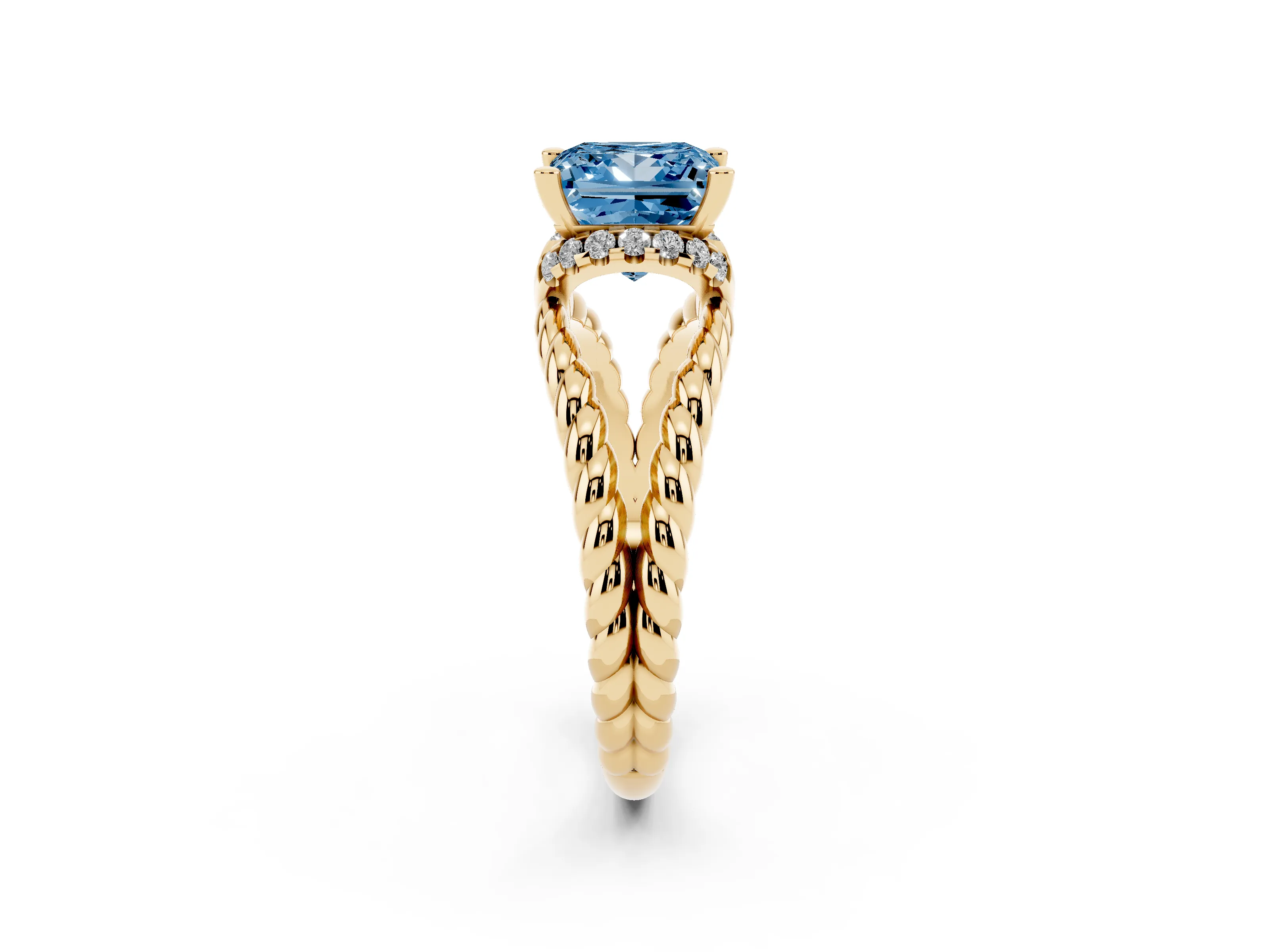 Fancy Blue Princess Cut Diamond Halo Ring Set in Yellow gold with Twisted Band and Prong Setting