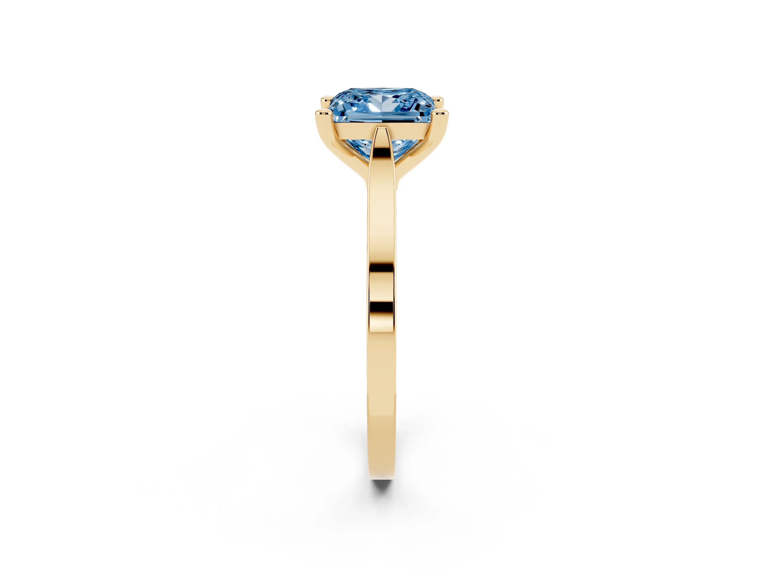 Fancy Blue Princess Cut Diamond Solitaire Ring Set in Yellow gold with Prong Setting and Tapered Band