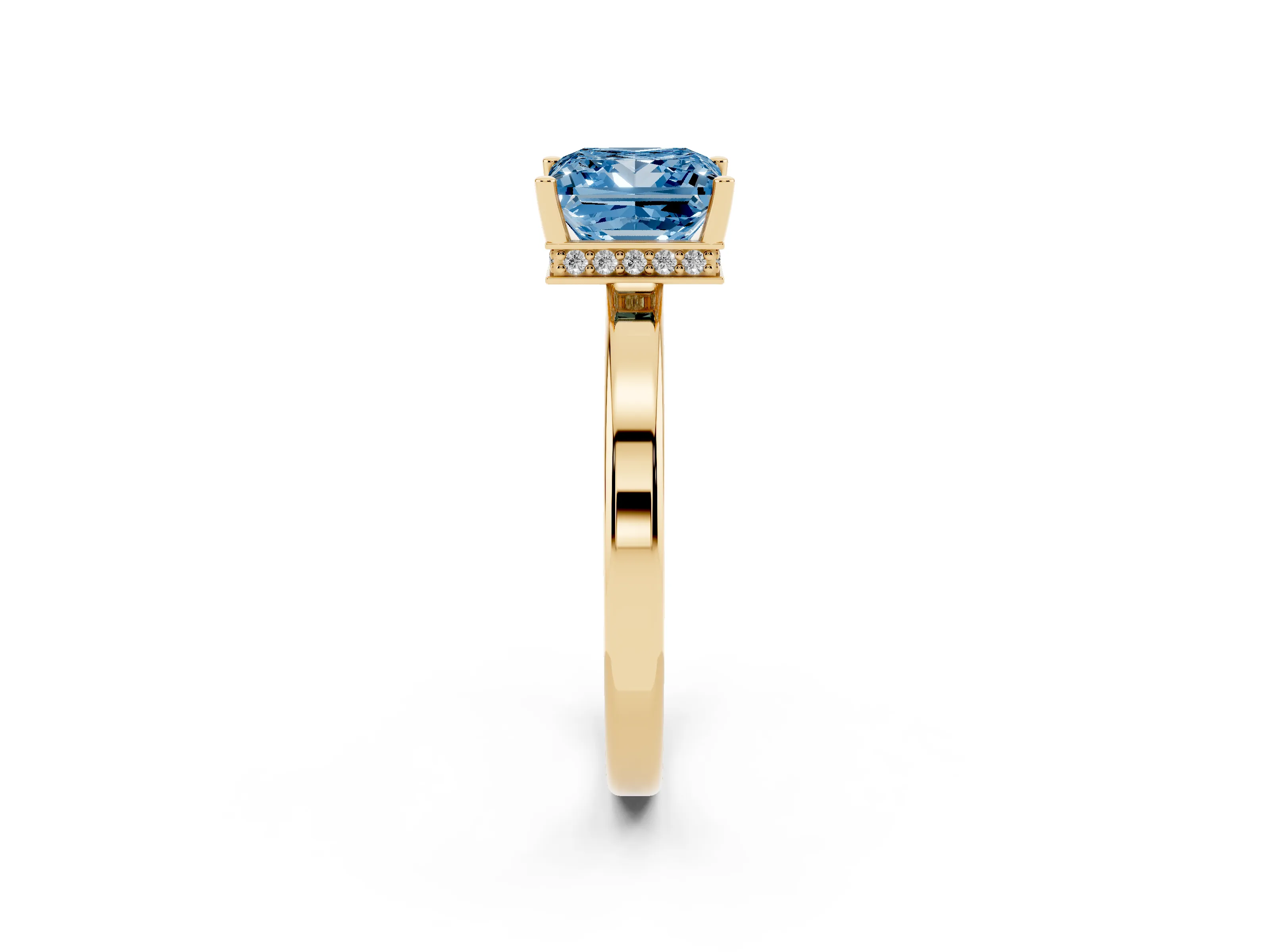 Fancy Blue Princess Cut Diamond Solitaire Engagement Ring Set in Yellow gold with Prong Setting on a Plain Band