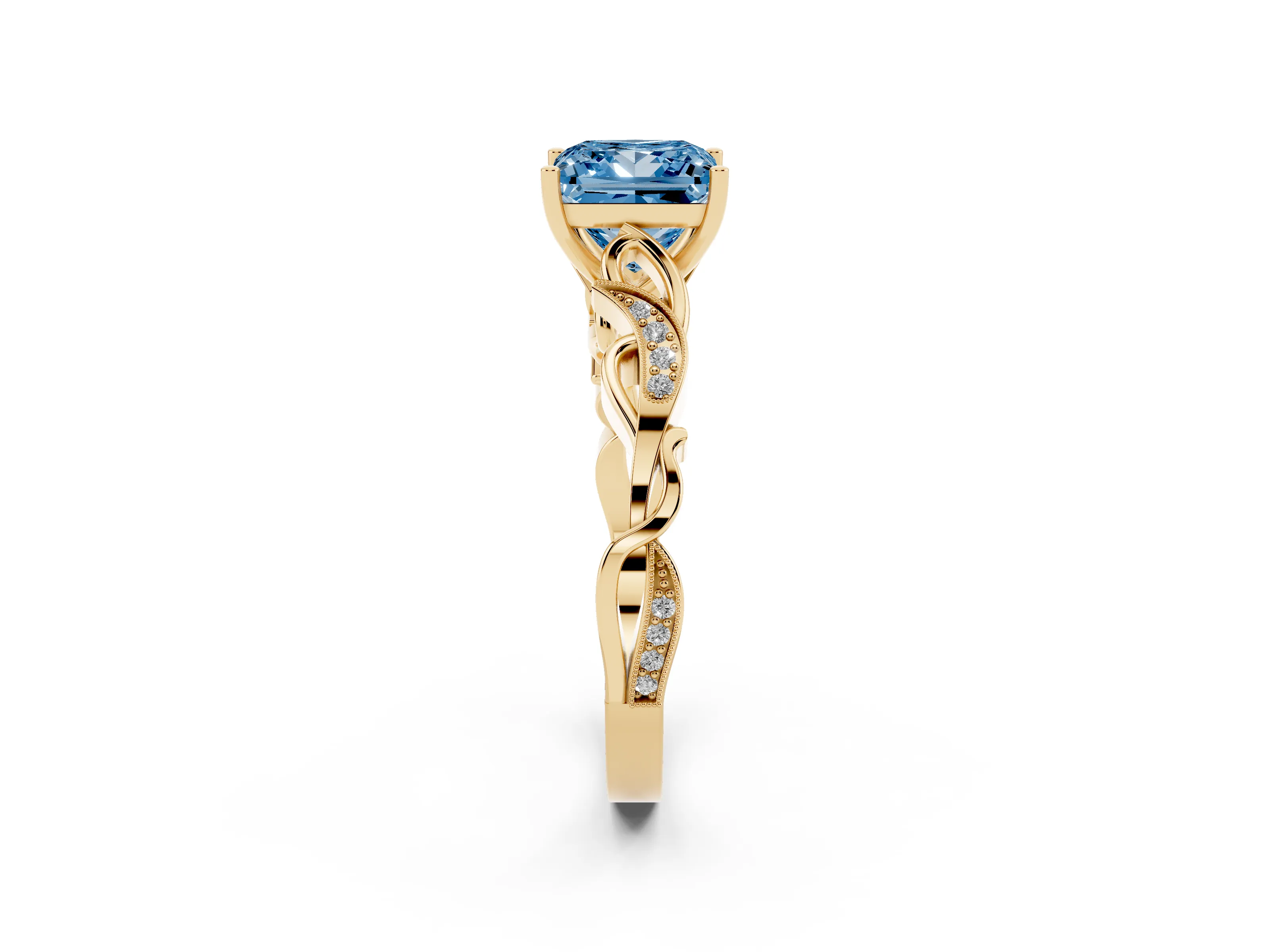 Fancy Blue Princess Cut Diamond Vine Band Solitaire Ring Set in Yellow gold with Milgrain Prong Setting