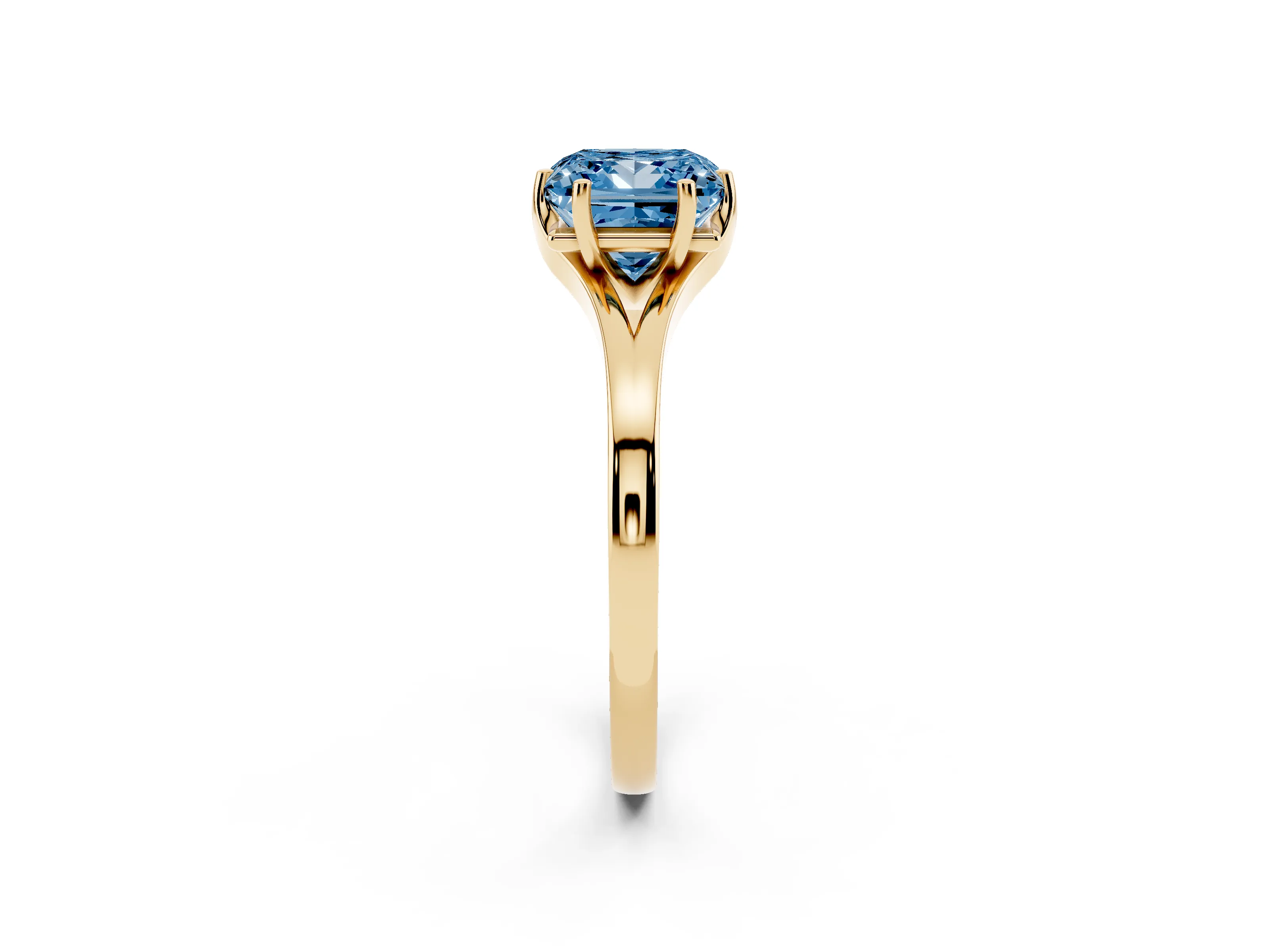 Fancy Blue Princess Cut Diamond Solitaire Ring Set in Yellow gold with Polished Tapered Band and Prong Setting