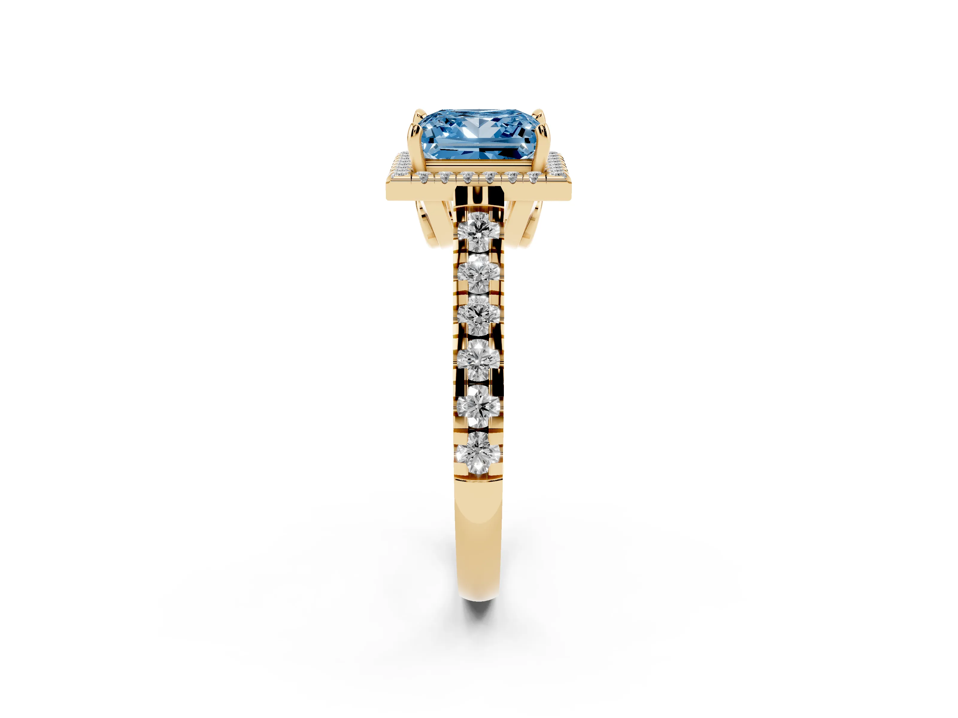 Fancy Blue Princess Cut Diamond Halo Engagement Ring Set in Yellow gold with Pavé Band and Prong-Set Center