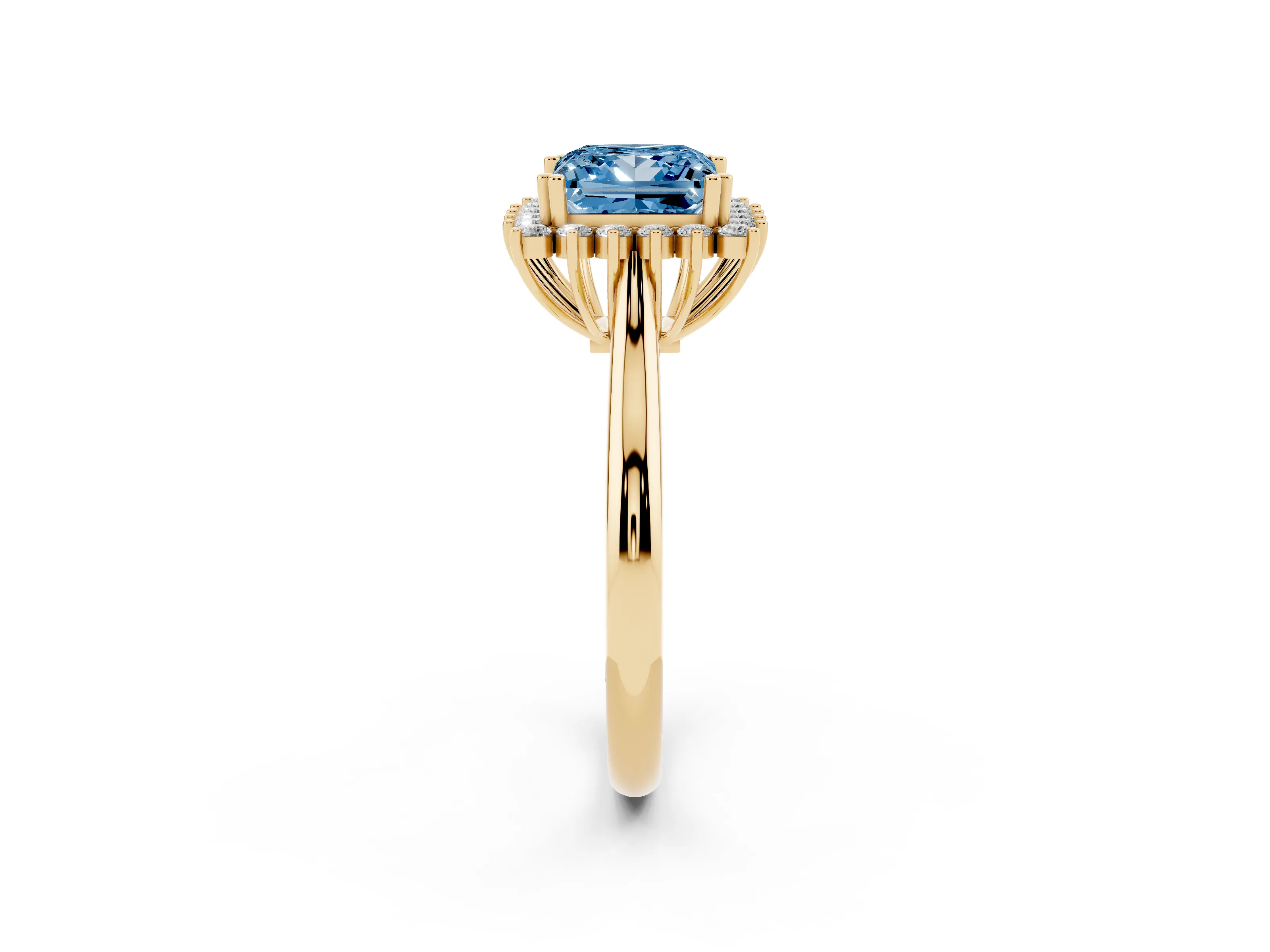 Fancy Blue Princess Cut Diamond Halo Ring Set in Yellow gold with Plain Solitaire Band and Prong Setting