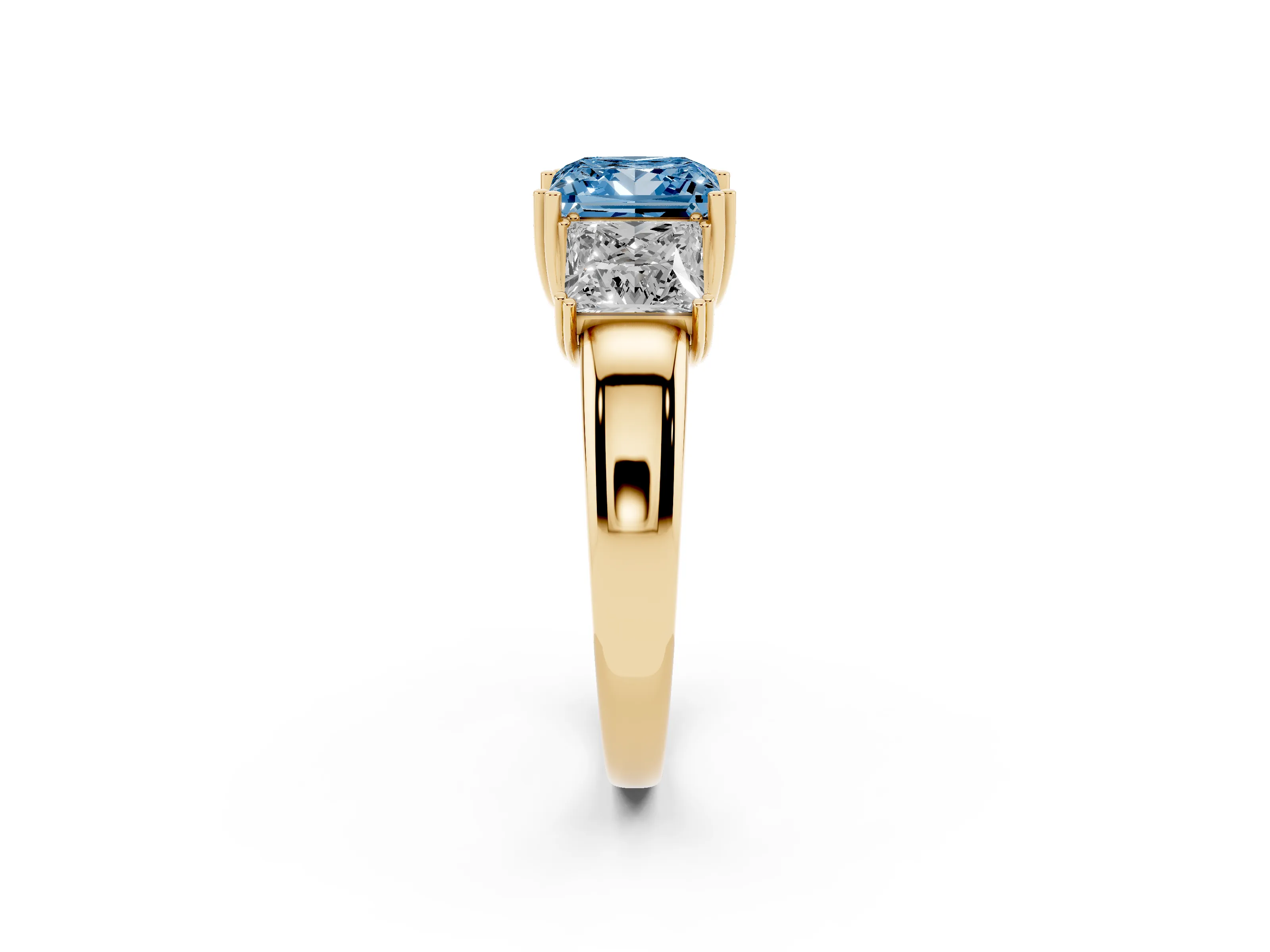 Fancy Blue Princess Cut Diamond Three-Stone Ring Set in Yellow gold with Polished Channel-Set Band