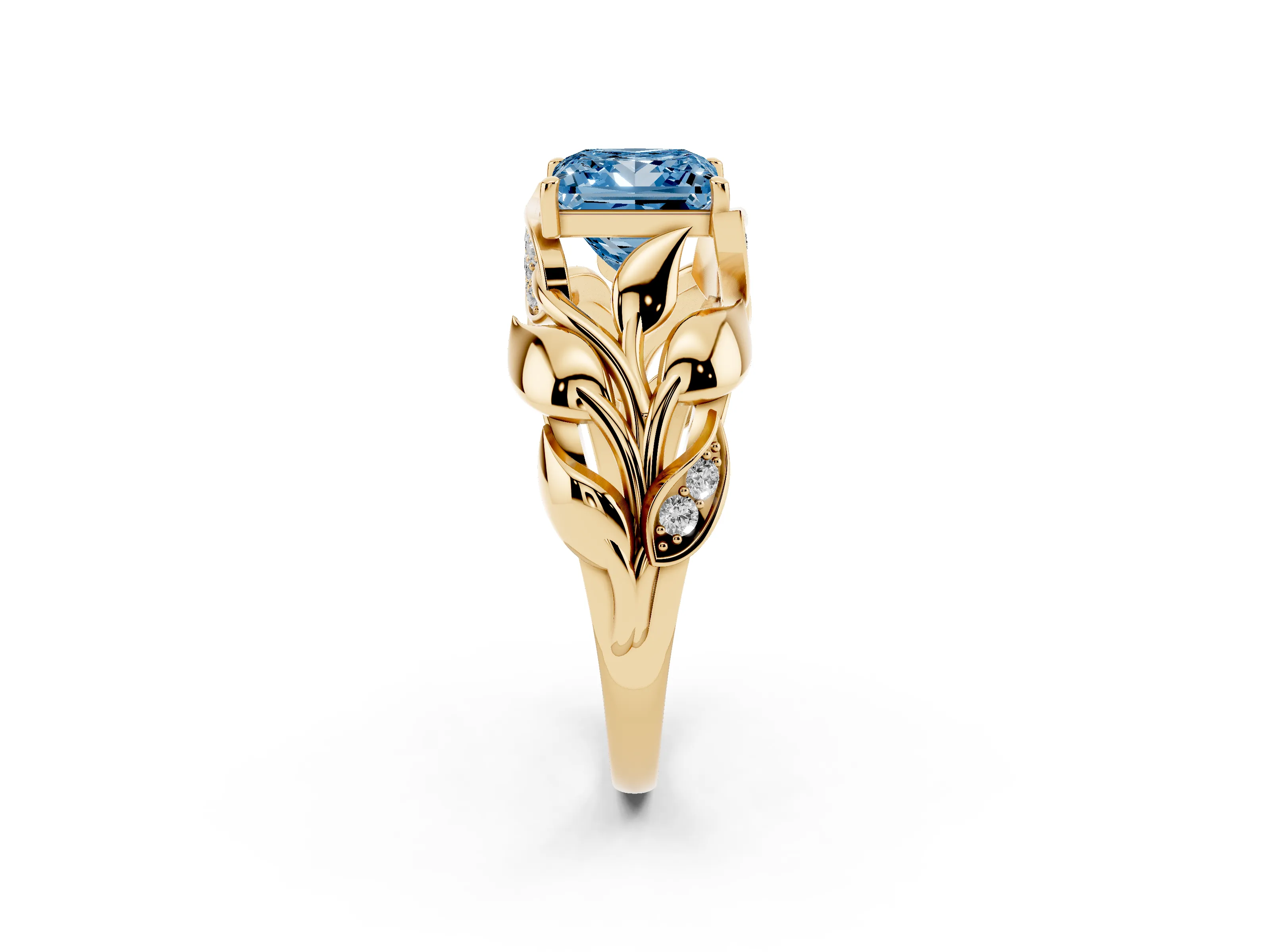Fancy Blue Princess Cut Diamond Leaf-Inspired Engagement Ring Set in Yellow gold with Round Accents